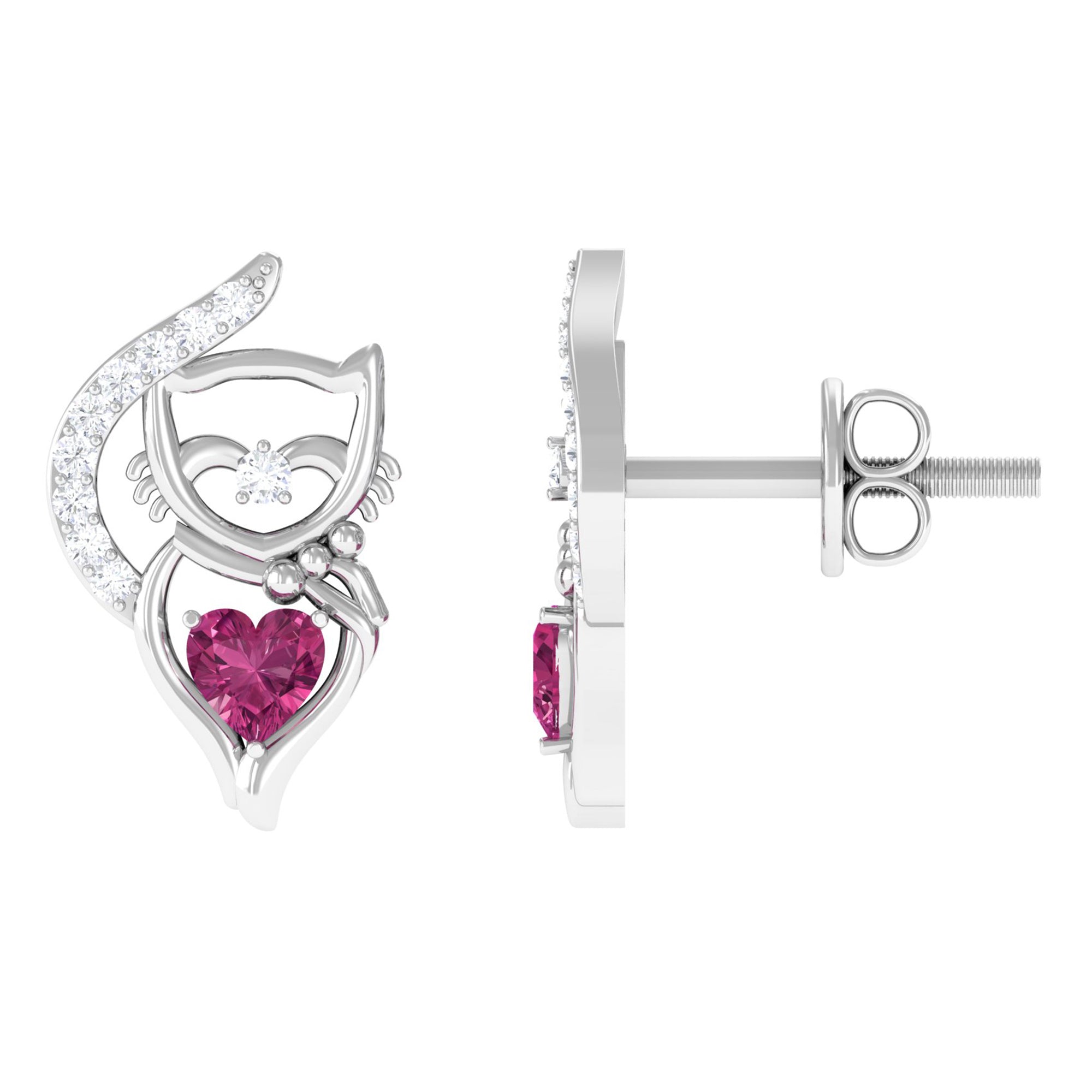 Heart Shape Pink Tourmaline and Diamond Cat Stud Earring