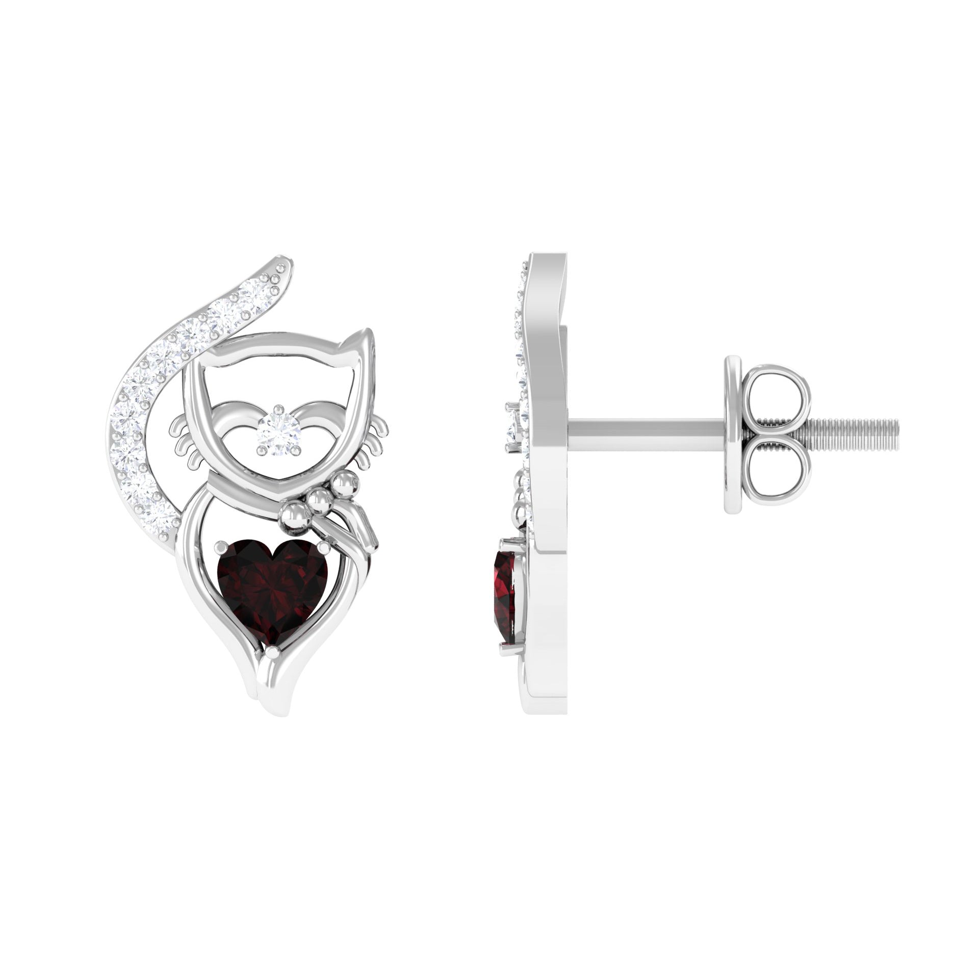 1/2 CT Cat Stud Earrings with Heart Shape Garnet and Diamond Accent