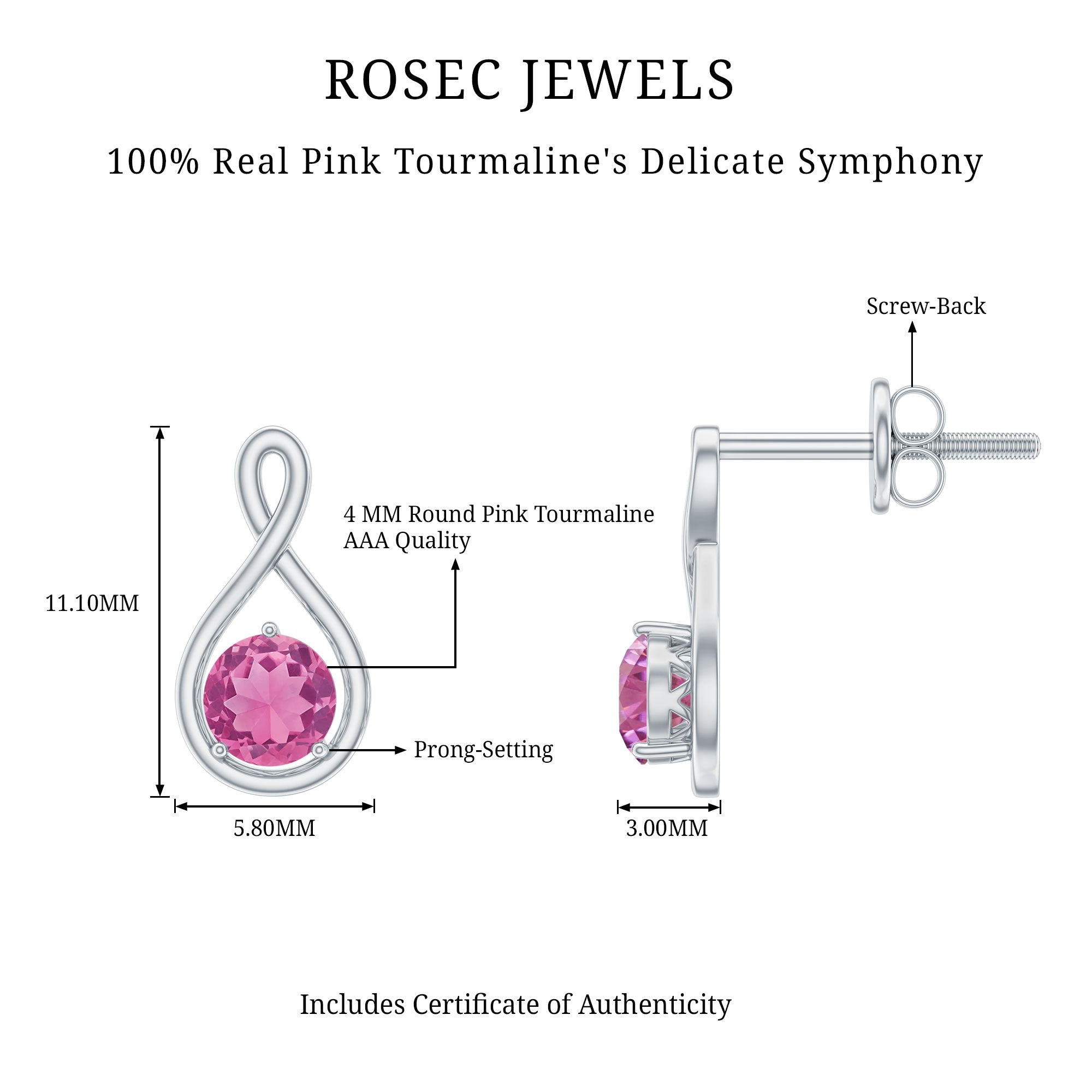 Genuine Pink Tourmaline Infinity Stud Earrings for Women AAA - Rosec Jewels