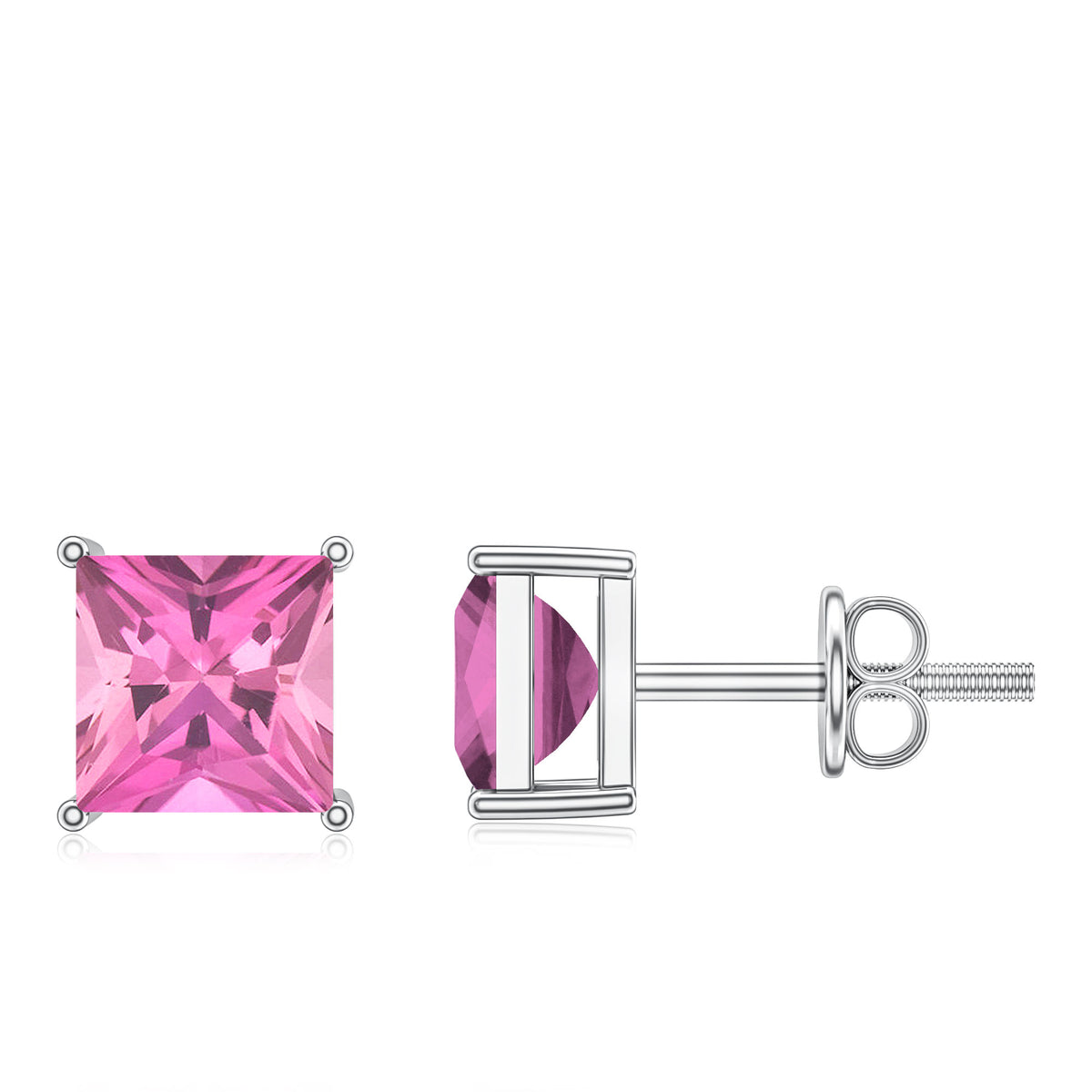 2 Carat Princess Cut Pink Tourmaline Stud Earrings with Screw Back AAA - Rosec Jewels