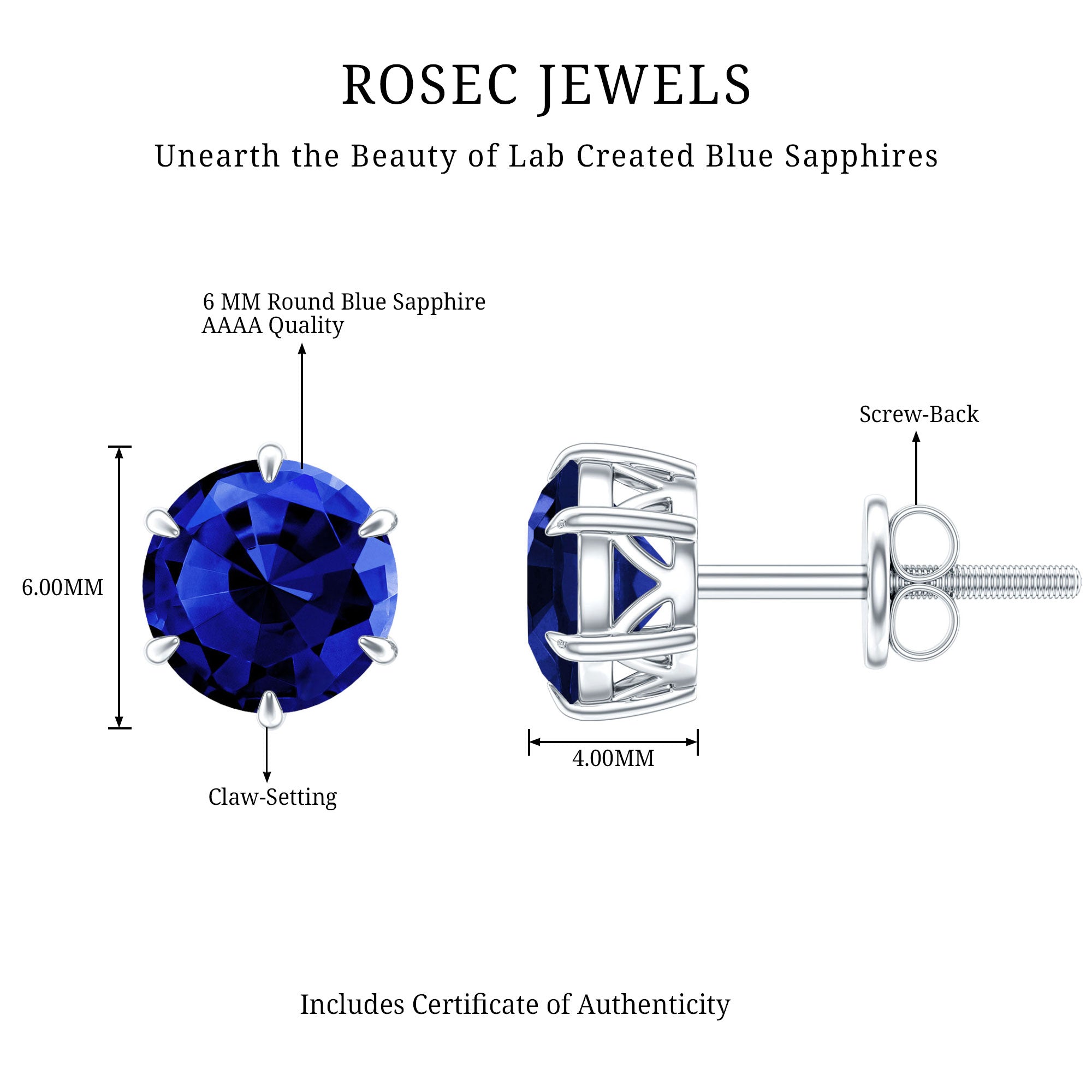 2 CT Lab Created Blue Sapphire Stud Earrings in 6 Prong Setting AAAA - Rosec Jewels
