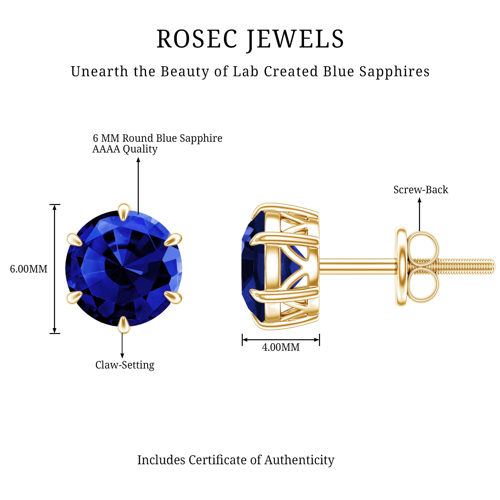 2 CT Lab Created Blue Sapphire Stud Earrings in 6 Prong Setting AAAA - Rosec Jewels