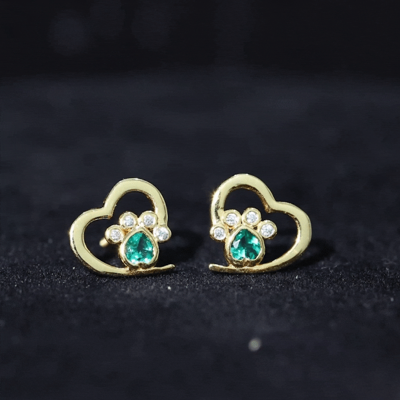 Lab Created Emerald and Moissanite Heart Paw Stud Earrings AAAA - Rosec Jewels
