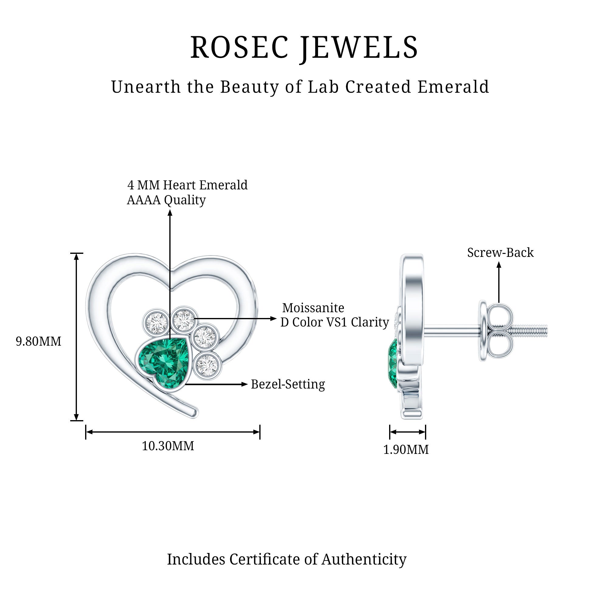 Lab Created Emerald and Moissanite Heart Paw Stud Earrings AAAA - Rosec Jewels