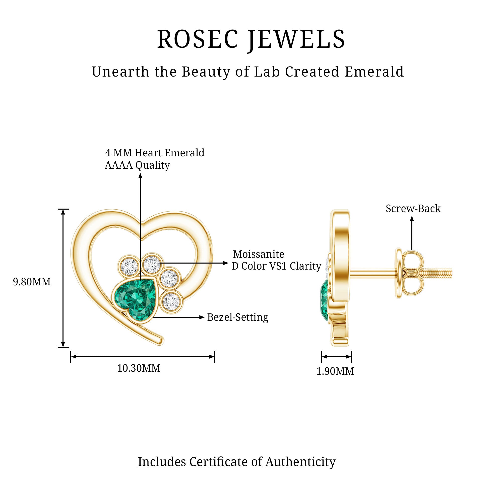 Lab Created Emerald and Moissanite Heart Paw Stud Earrings AAAA - Rosec Jewels