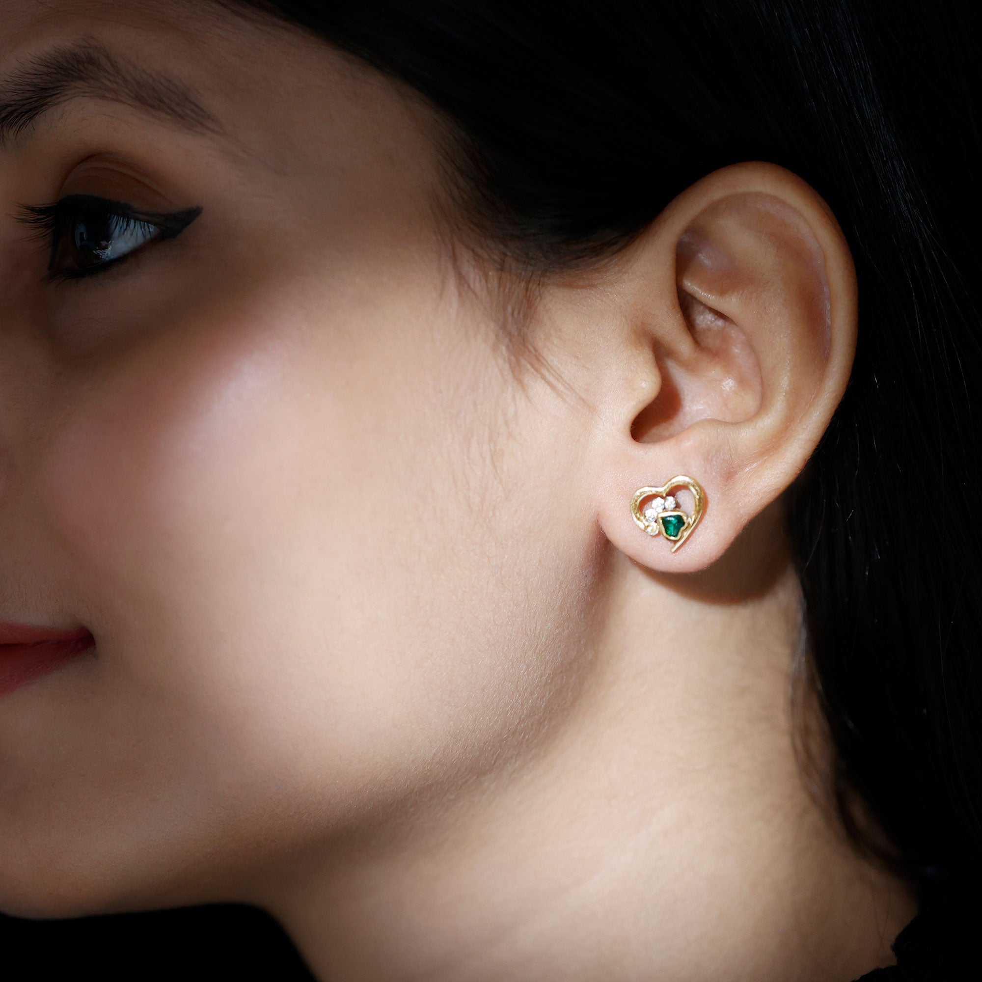 Lab Created Emerald and Moissanite Heart Paw Stud Earrings AAAA - Rosec Jewels
