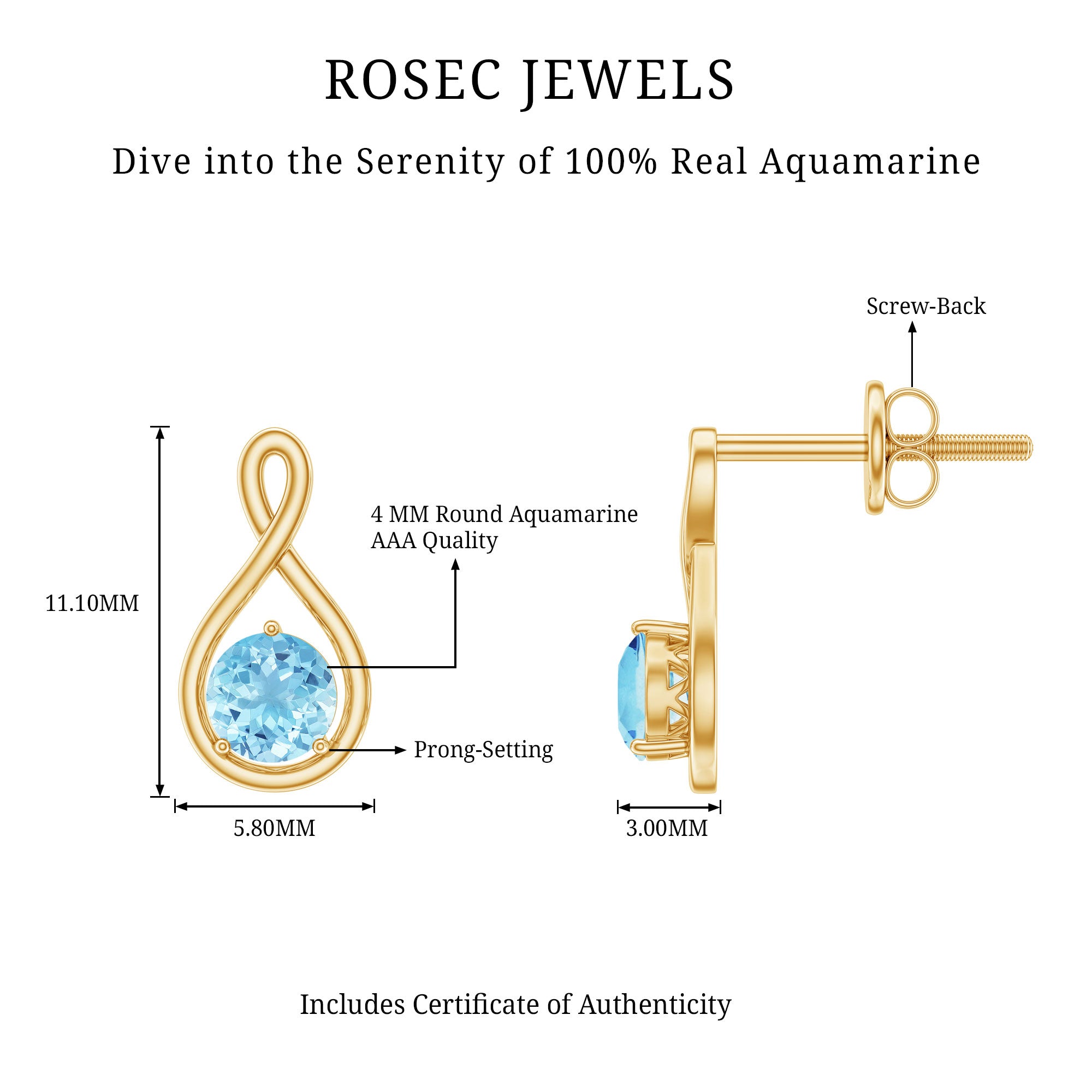 Genuine 0.5 Carat Aquamarine Infinity Stud Earrings AAA - Rosec Jewels