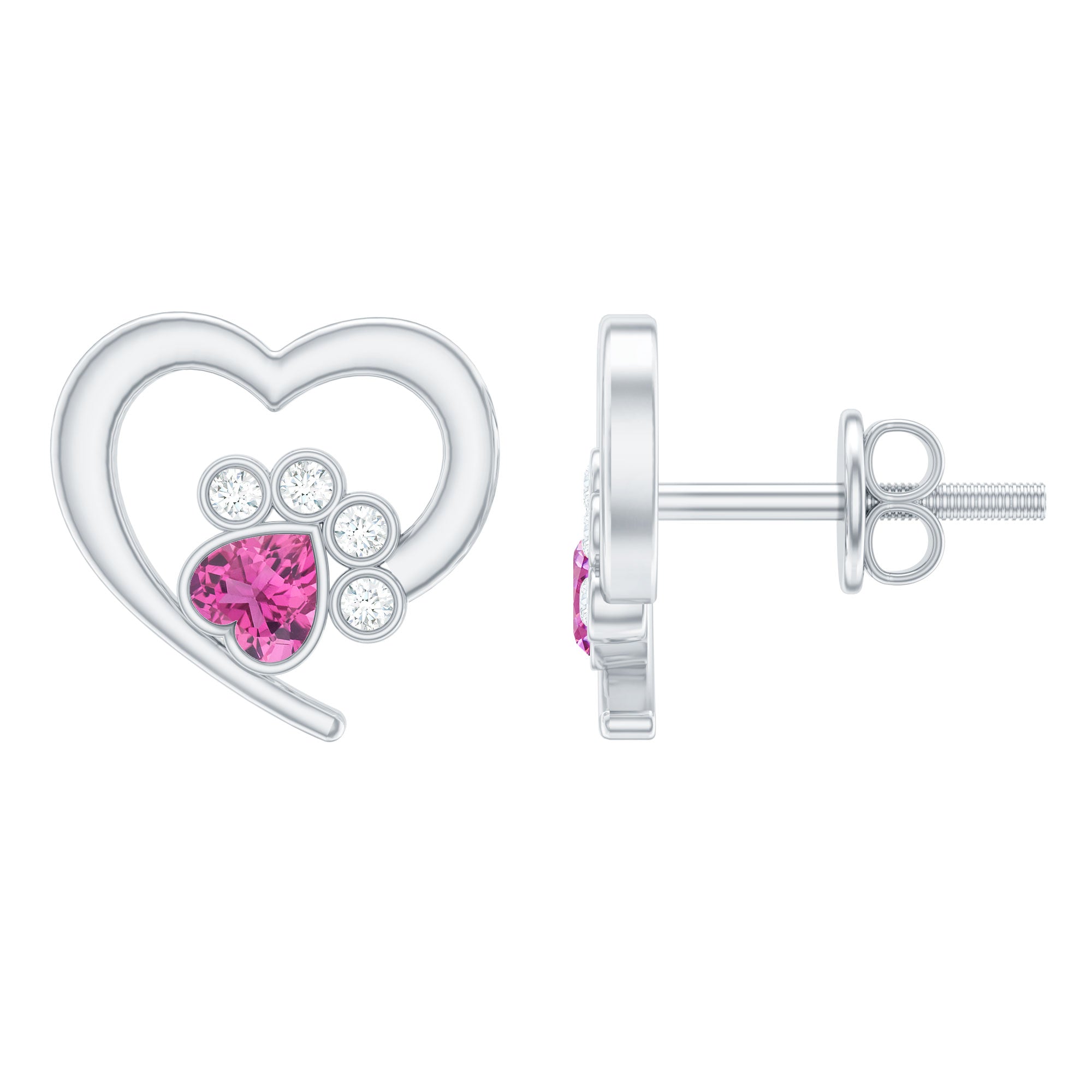 Heart Shape Pink Tourmaline and Diamond Dog Paw Stud Earrings