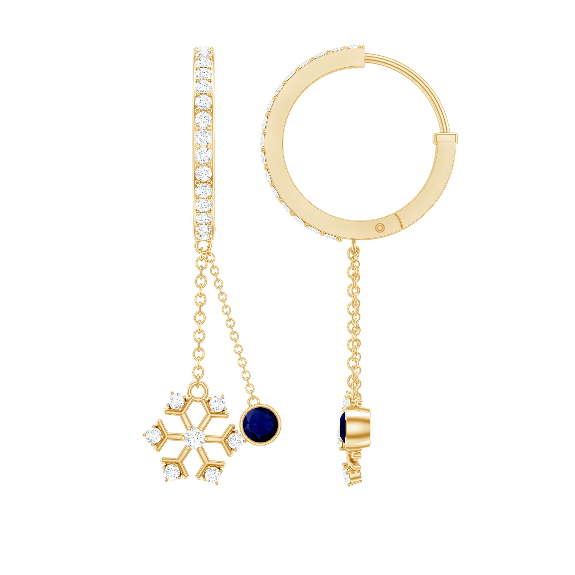 Real Blue Sapphire and Diamond Snowflake Dangle Hoop Earrings AAA - Rosec Jewels