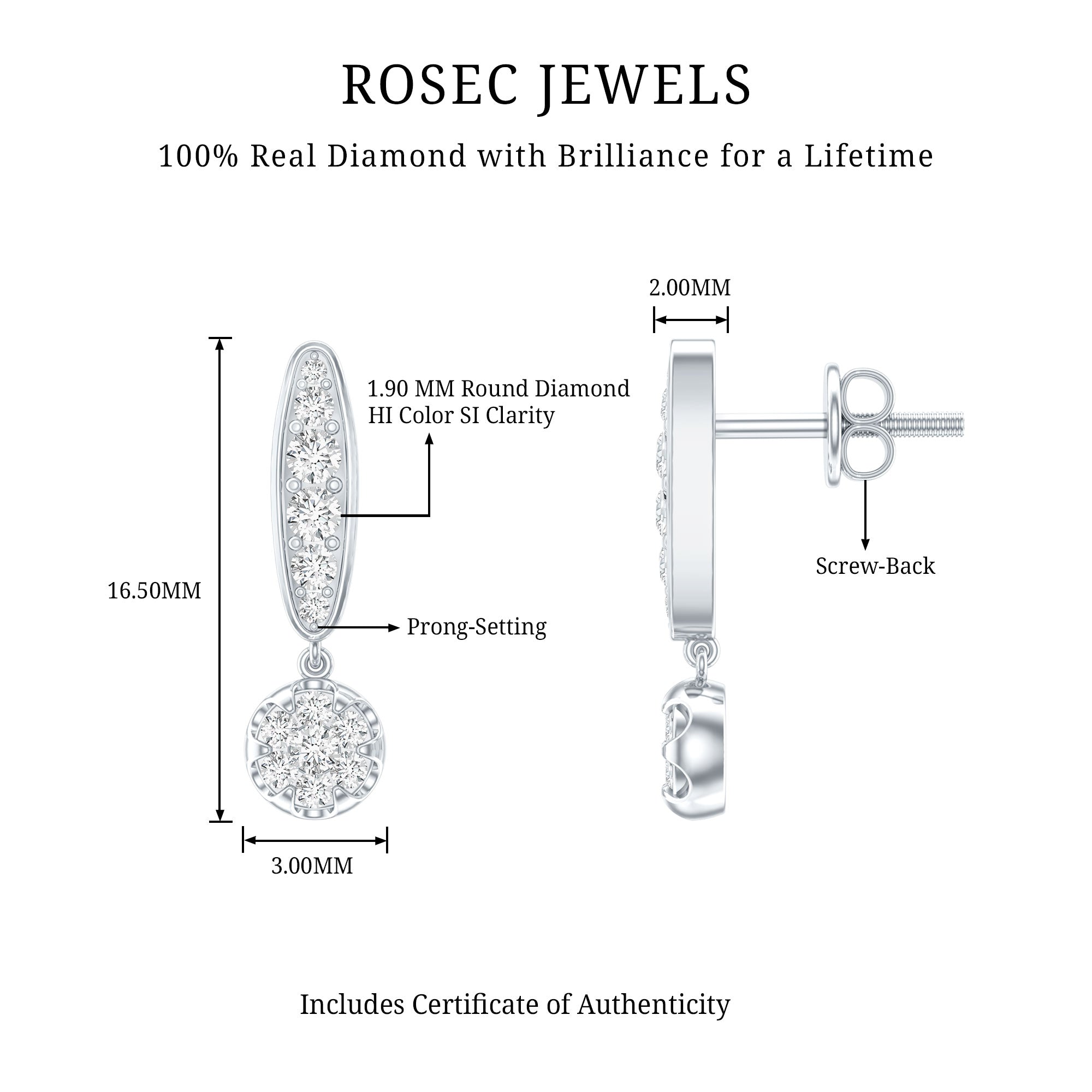 Real Diamond Bar Drop Earrings for Women Natural - ( HI-SI ) - Rosec Jewels