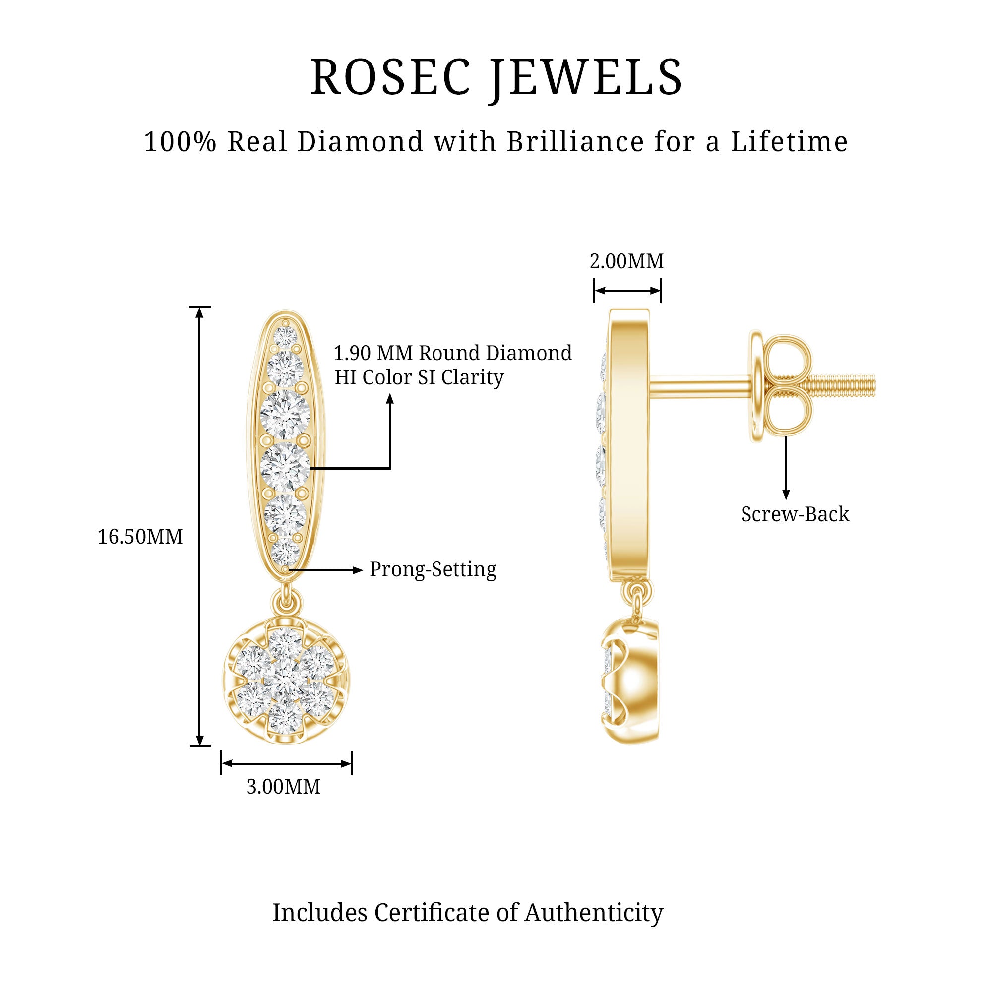 Real Diamond Bar Drop Earrings for Women Natural - ( HI-SI ) - Rosec Jewels