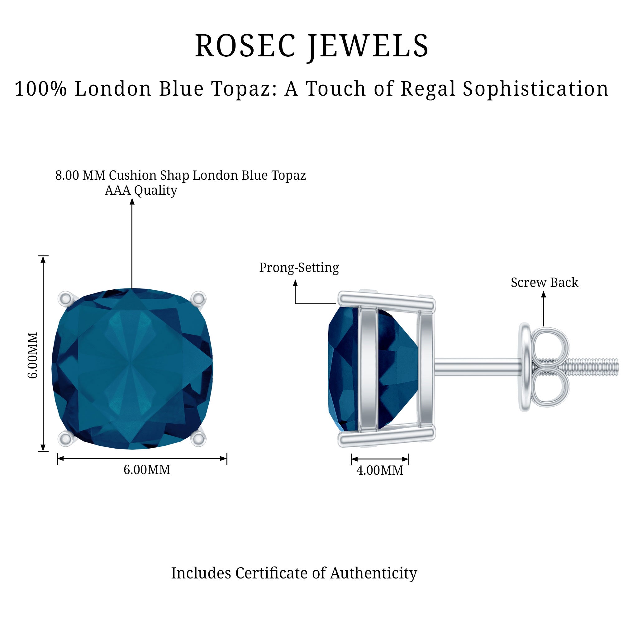 2.5 Carat Cushion Cut London Blue Topaz Stud Earrings AAA - Rosec Jewels