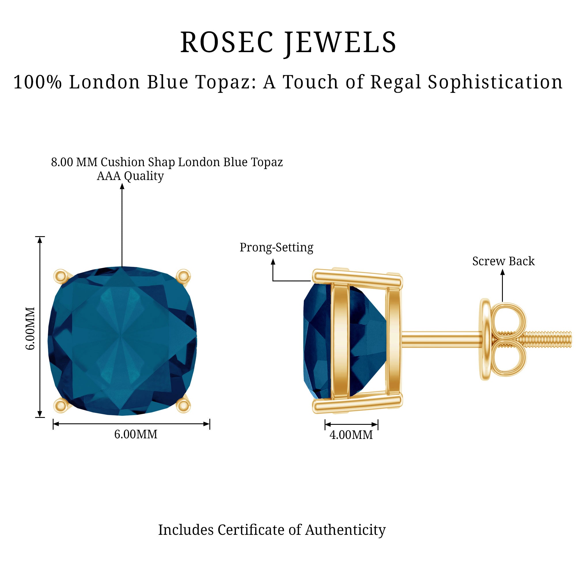 2.5 Carat Cushion Cut London Blue Topaz Stud Earrings AAA - Rosec Jewels