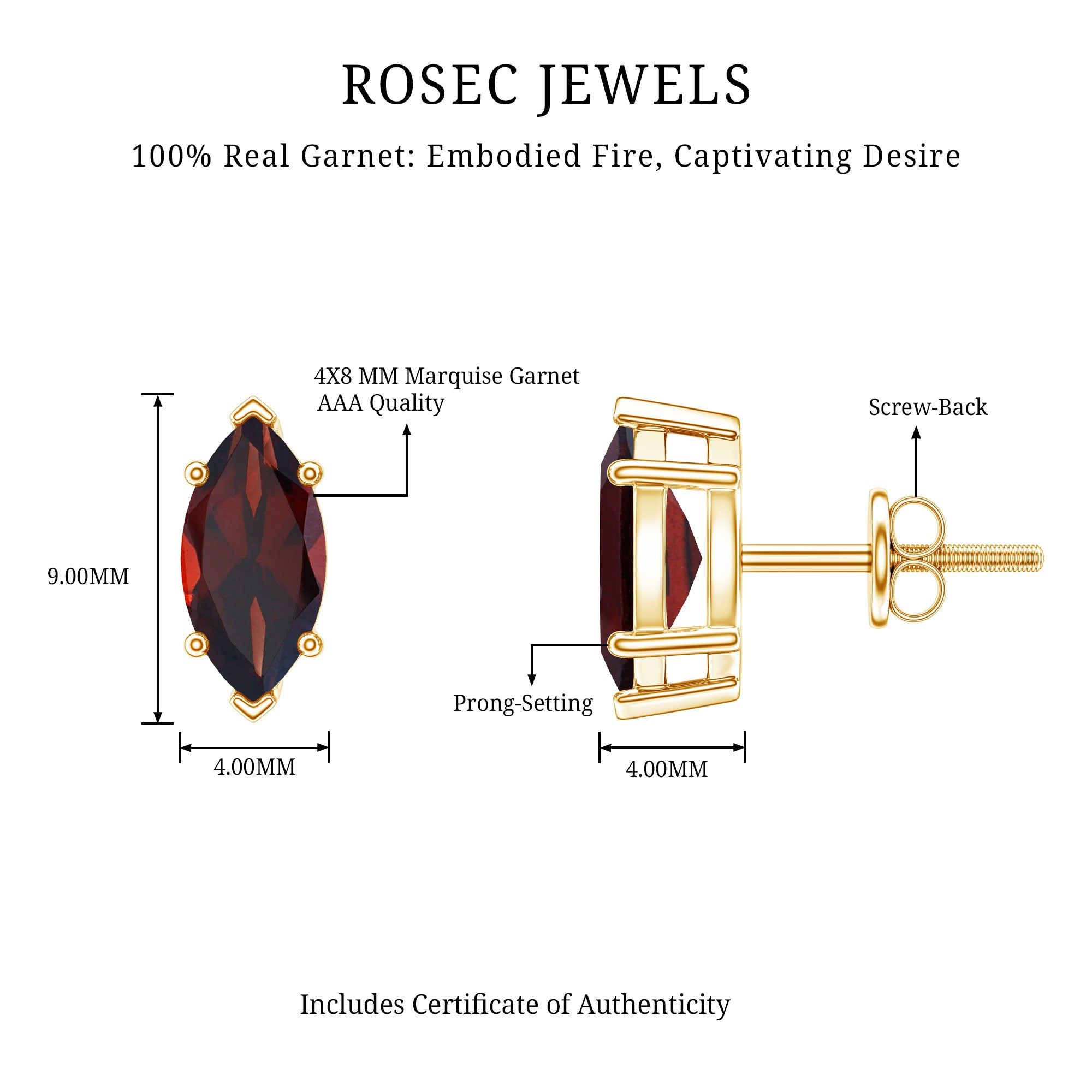 1.5 Carat Marquise Shape Garnet Solitaire Stud Earrings AAA - Rosec Jewels
