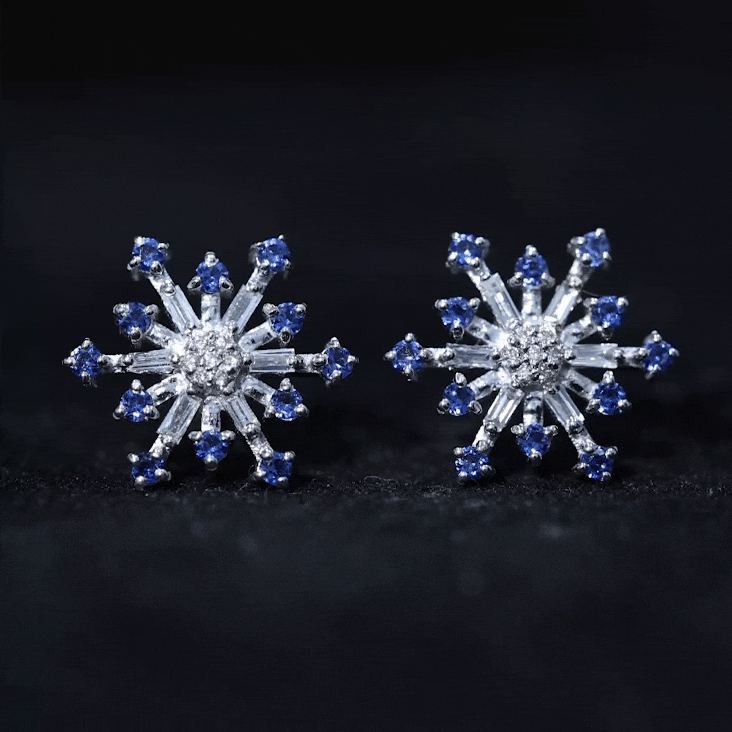 Lab Grown Blue Sapphire and Diamond Snowflake Stud Earrings AAAA - Rosec Jewels