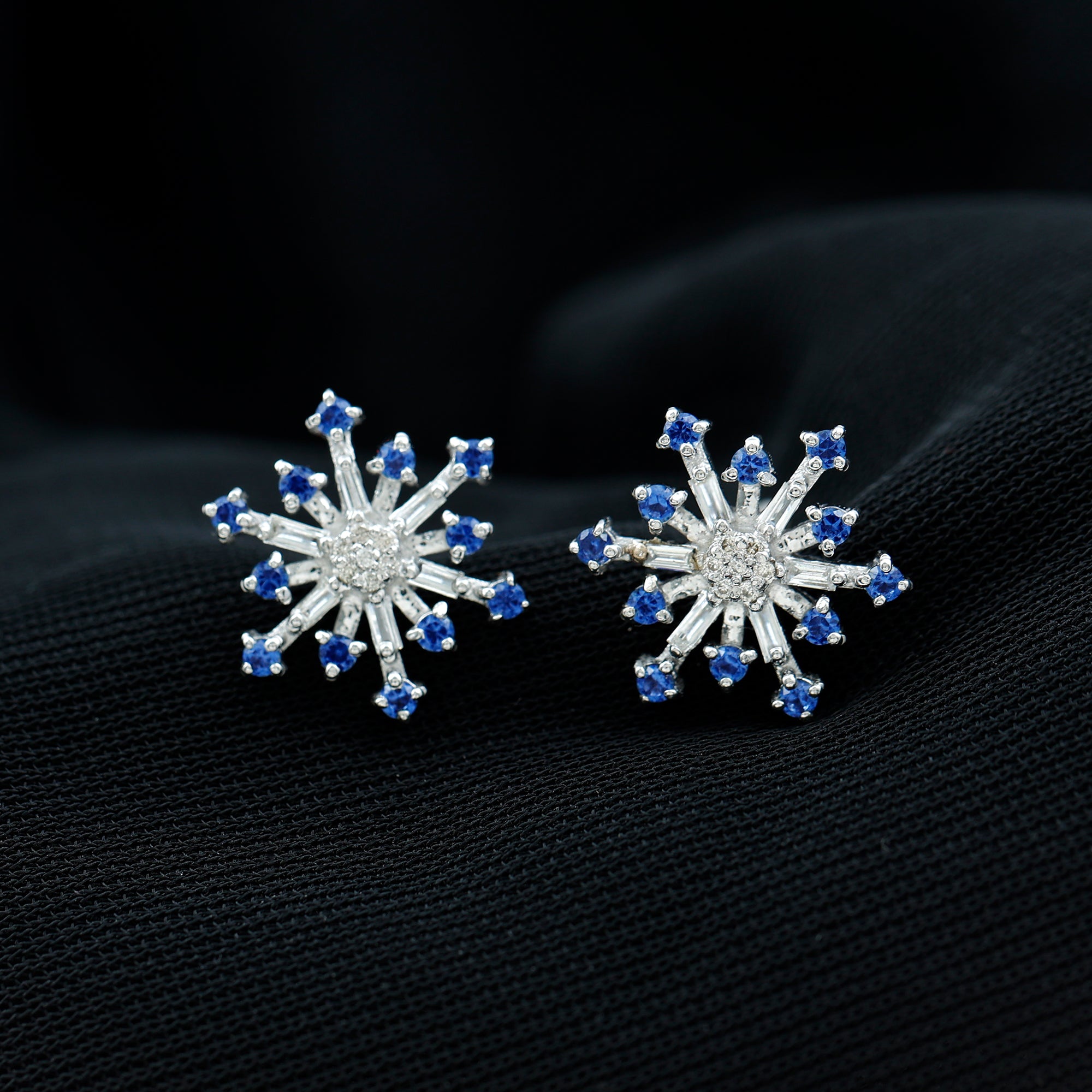 Lab Grown Blue Sapphire and Diamond Snowflake Stud Earrings AAAA - Rosec Jewels