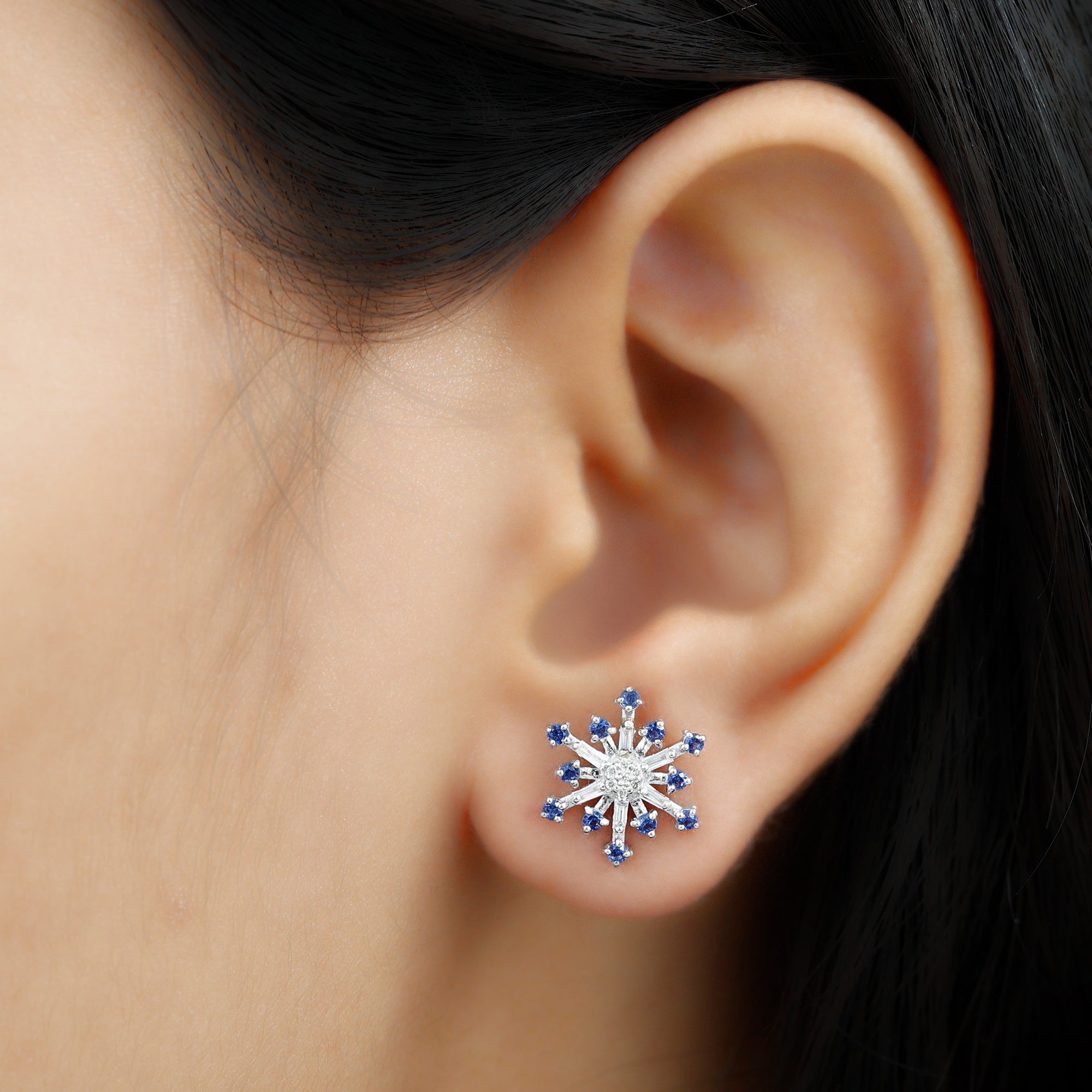 Lab Grown Blue Sapphire and Diamond Snowflake Stud Earrings AAAA - Rosec Jewels