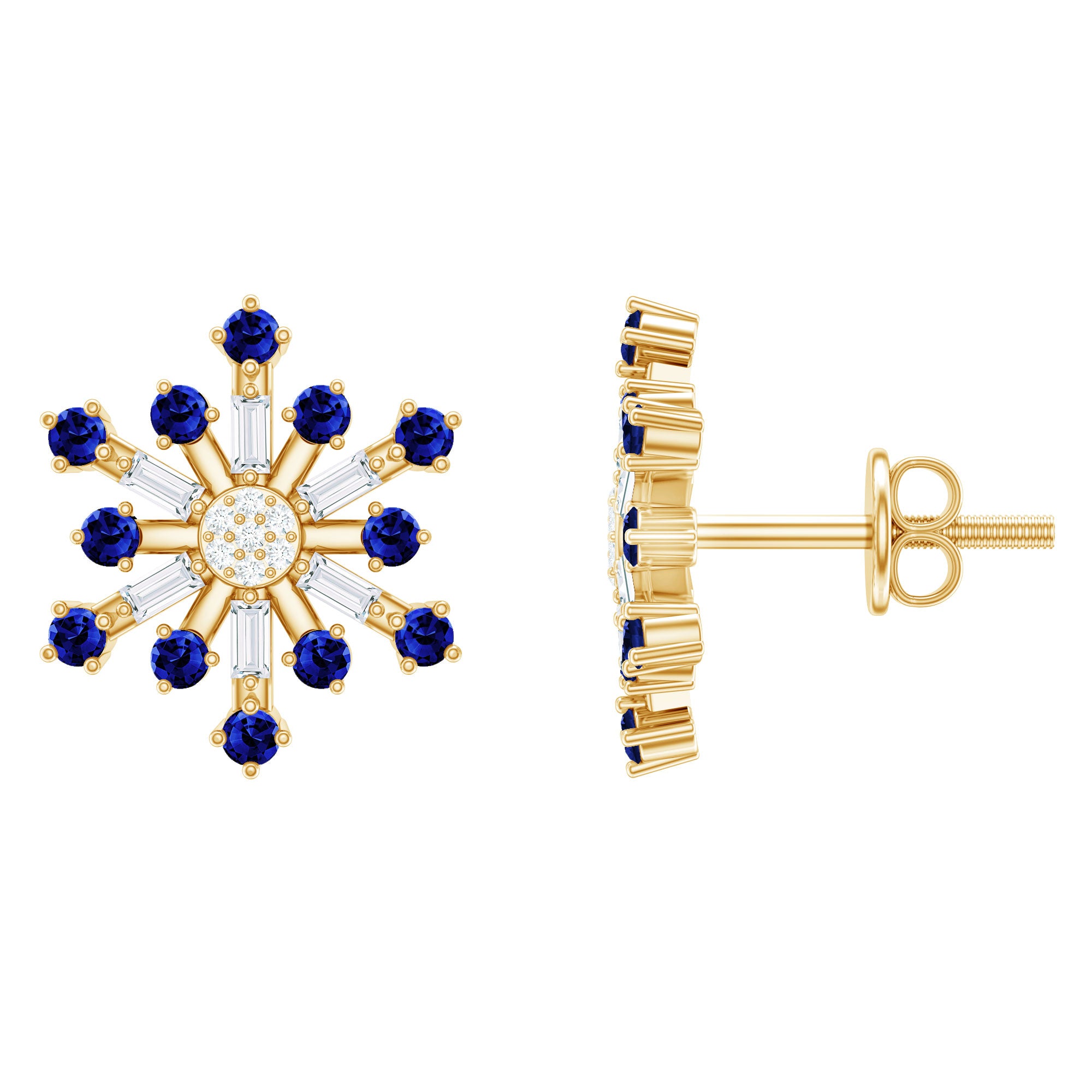 Lab Grown Blue Sapphire and Diamond Snowflake Stud Earrings AAAA - Rosec Jewels