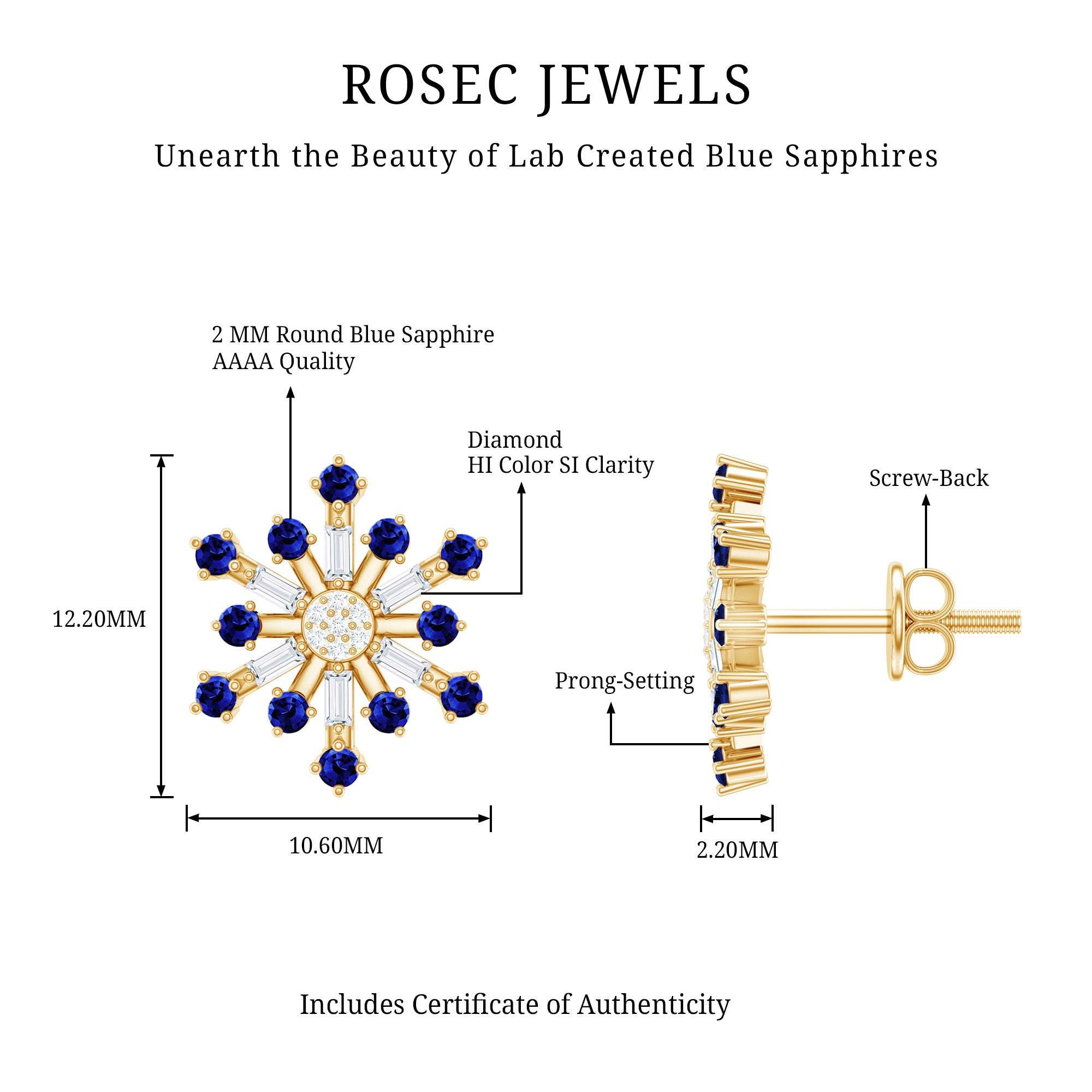 Lab Grown Blue Sapphire and Diamond Snowflake Stud Earrings AAAA - Rosec Jewels