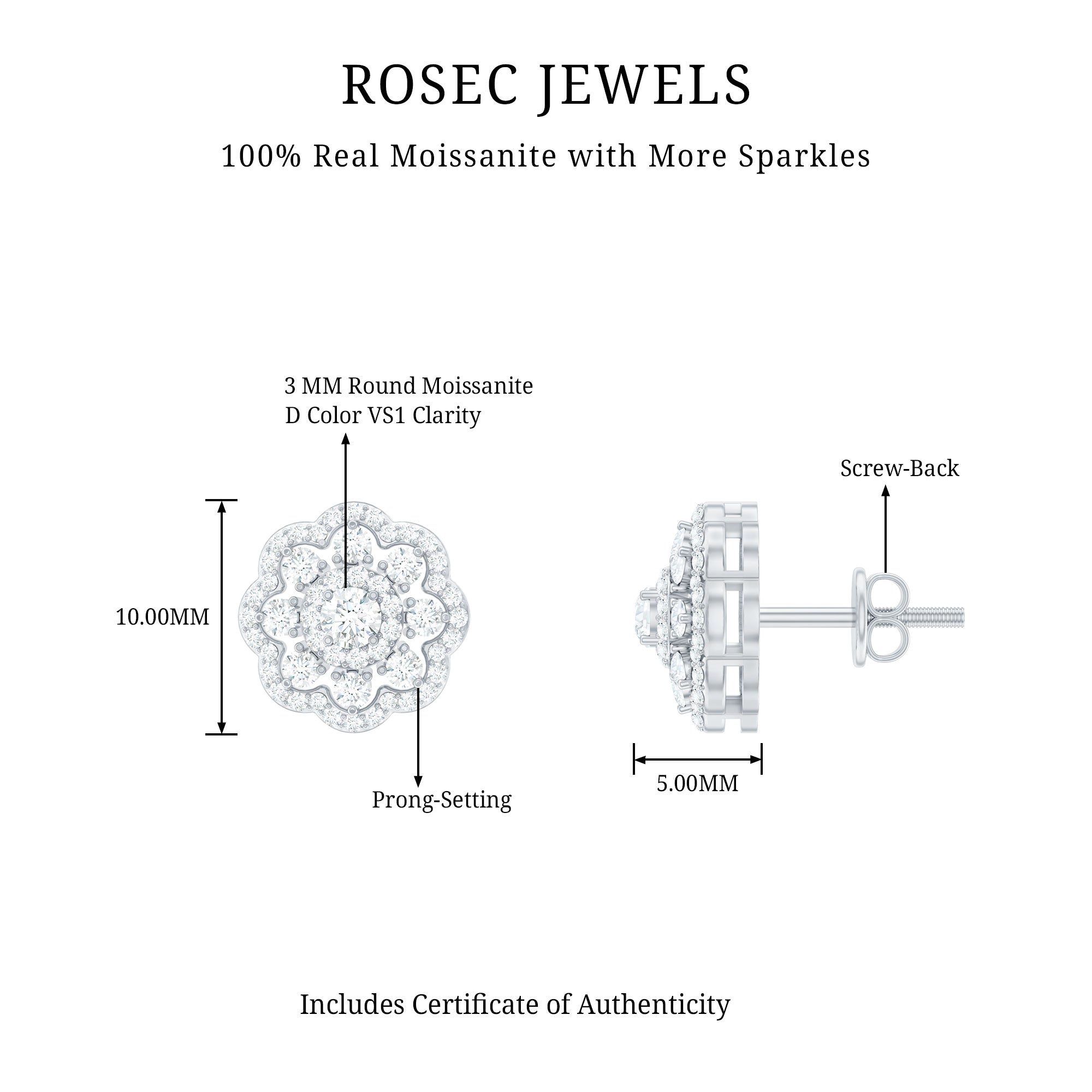 Certified Moissanite Big Flower Stud Earrings D-VS1 - Rosec Jewels