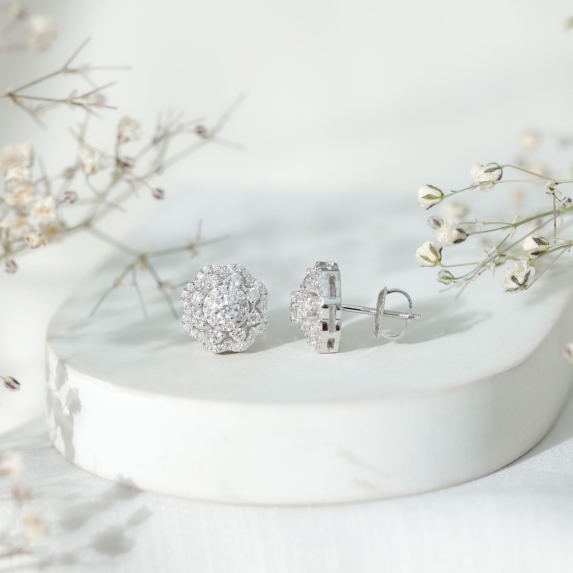 Certified Moissanite Big Flower Stud Earrings D-VS1 - Rosec Jewels