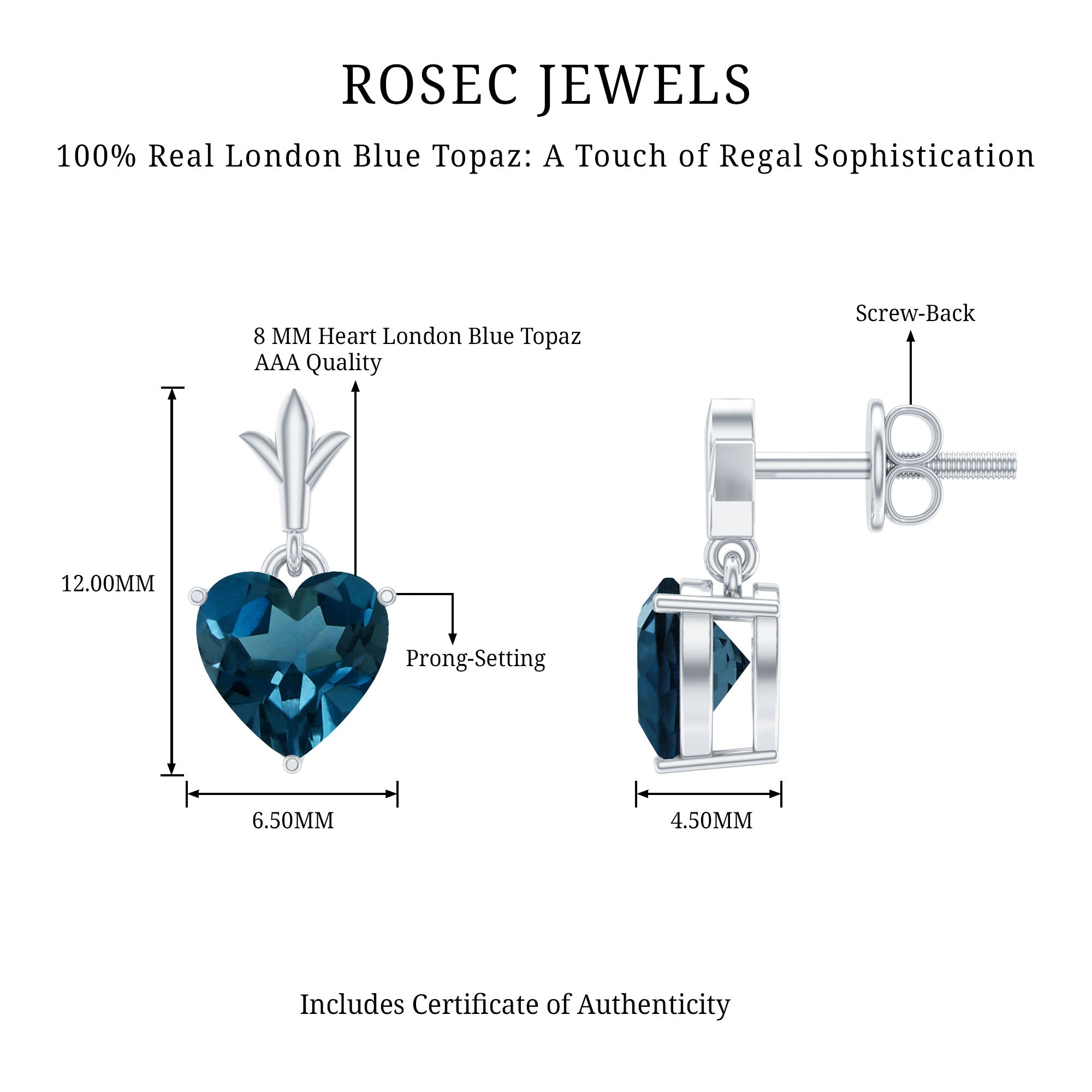 4 Carat London Blue Topaz Heart Drop Earrings for Women AAA - Rosec Jewels