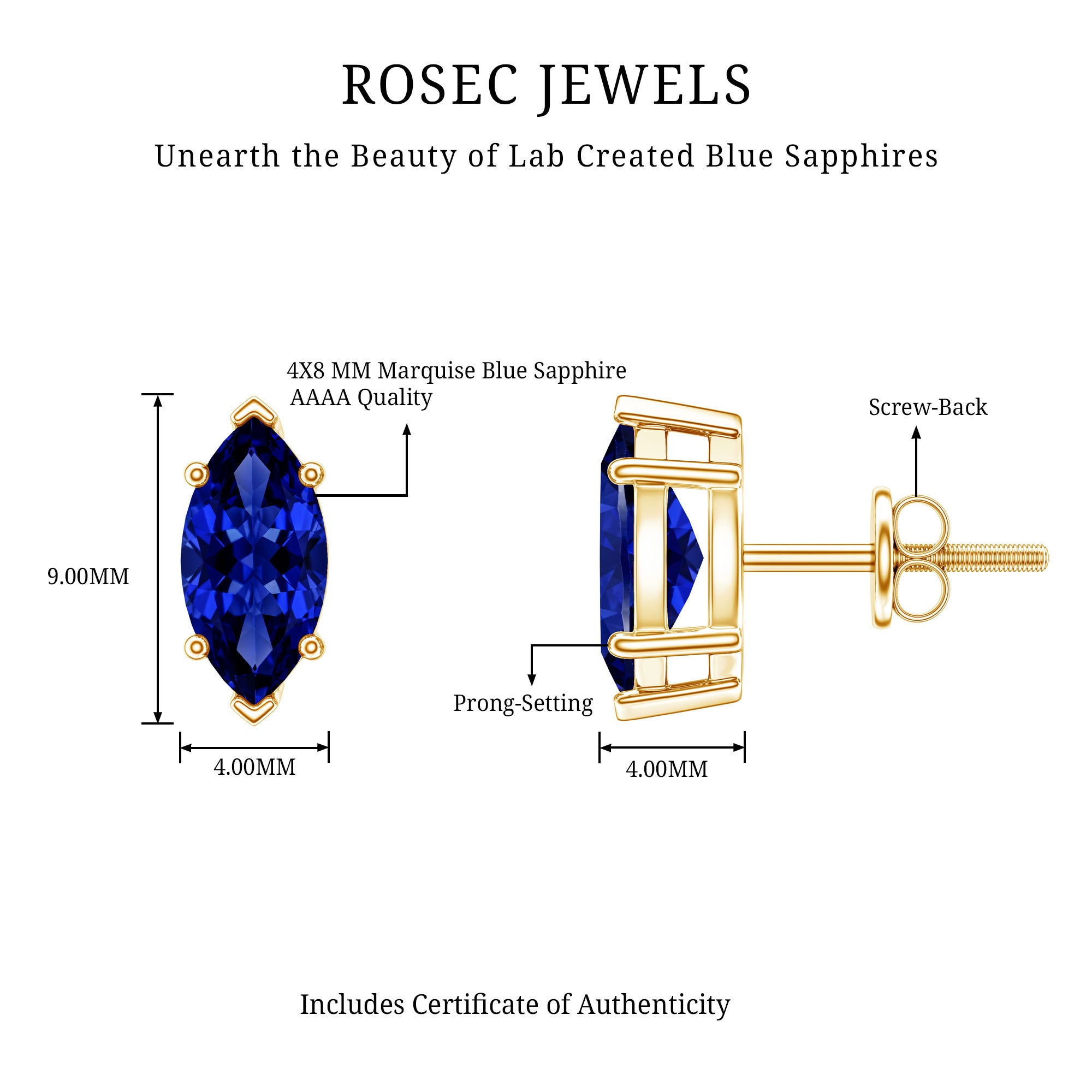 1.5 Carat Marquise Lab Created Blue Sapphire Stud Earrings AAAA - Rosec Jewels