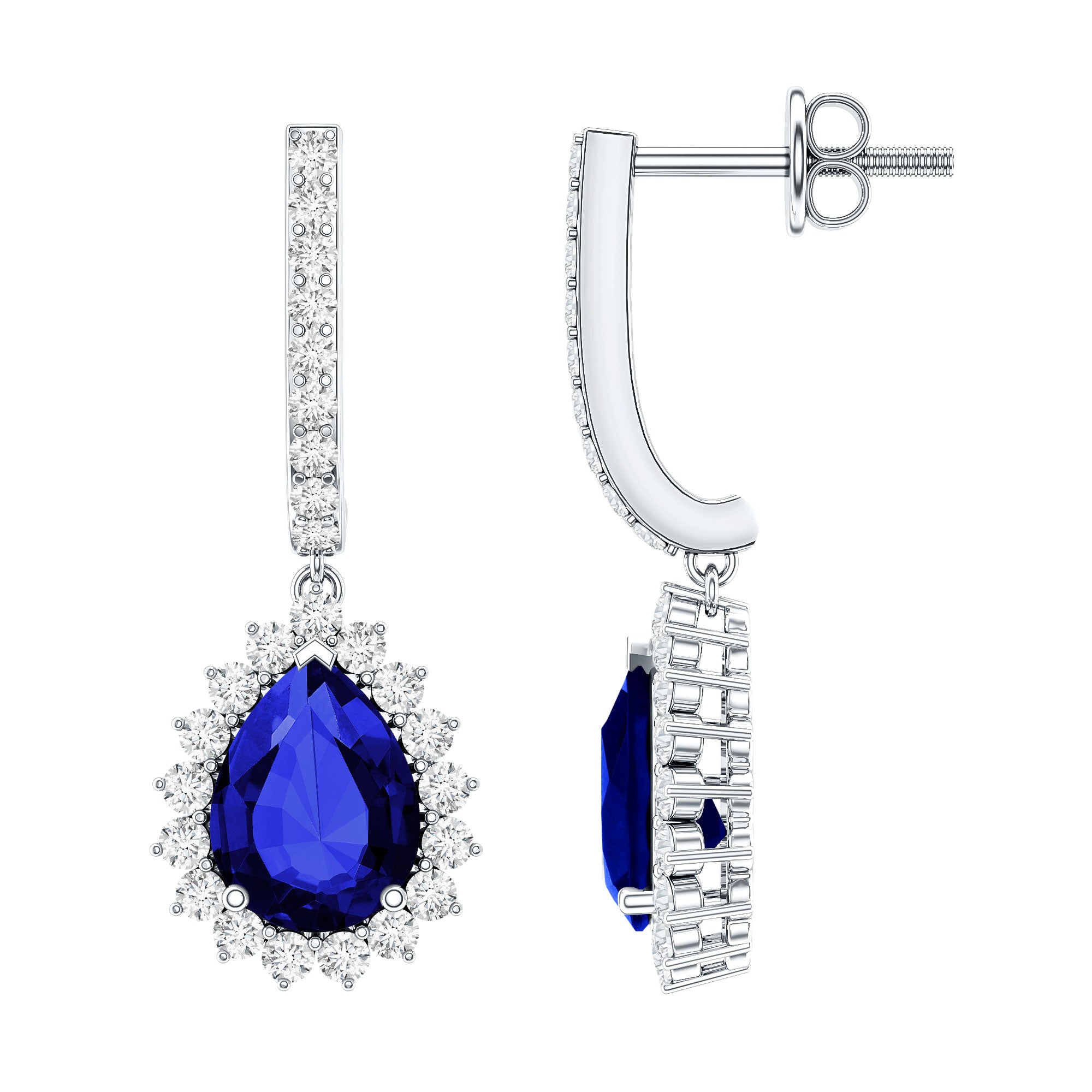 Pear Shaped Lab Grown Blue Sapphire and Diamond Hoop Drop Earrings AAAA - Rosec Jewels
