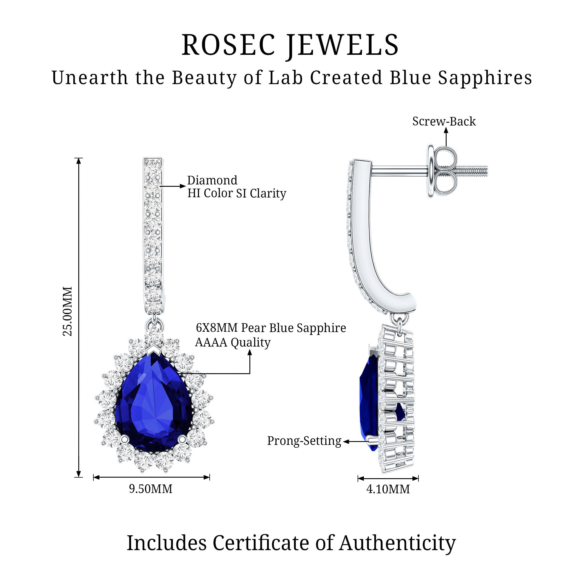 Pear Shaped Lab Grown Blue Sapphire and Diamond Hoop Drop Earrings AAAA - Rosec Jewels
