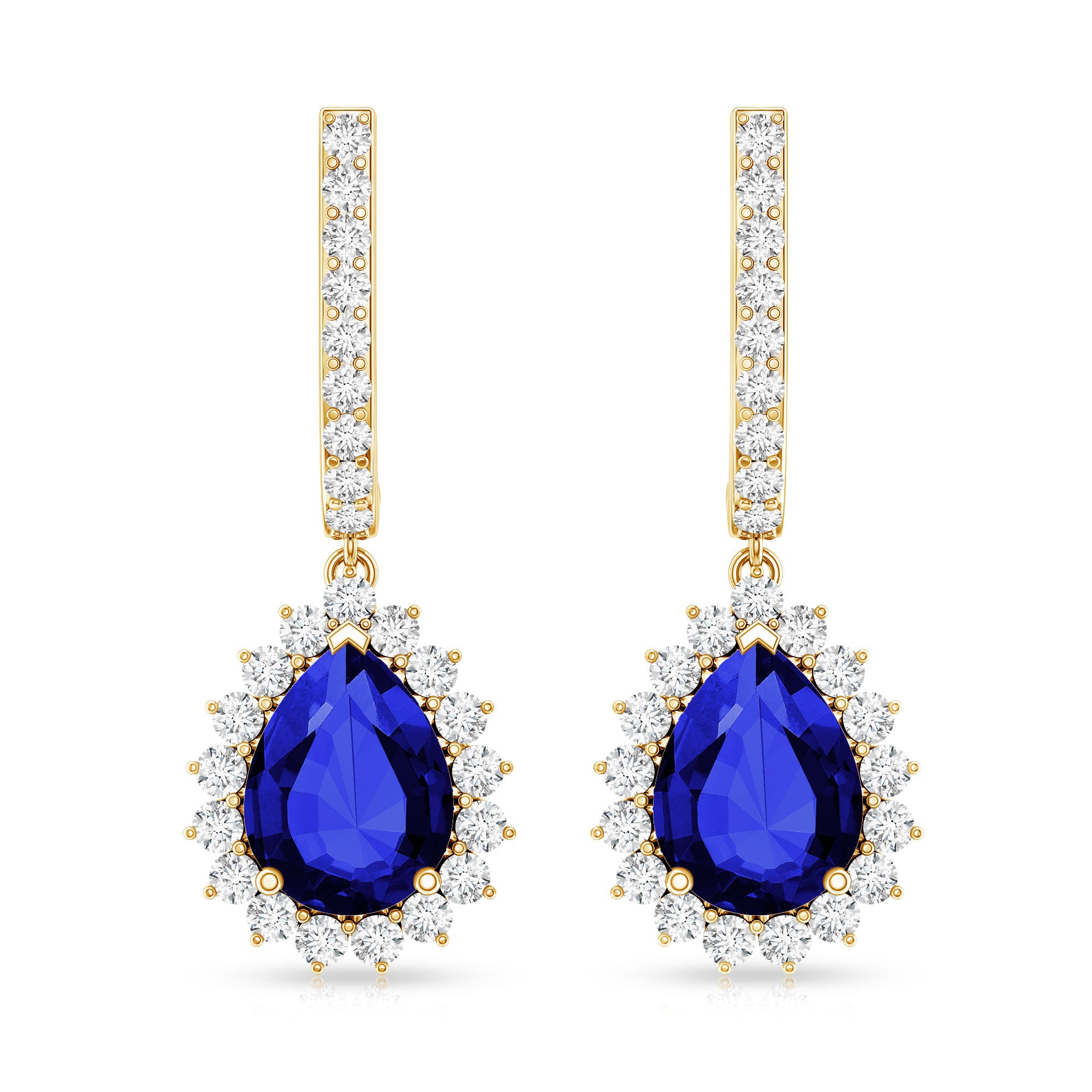 Pear Shaped Lab Grown Blue Sapphire and Diamond Hoop Drop Earrings AAAA - Rosec Jewels