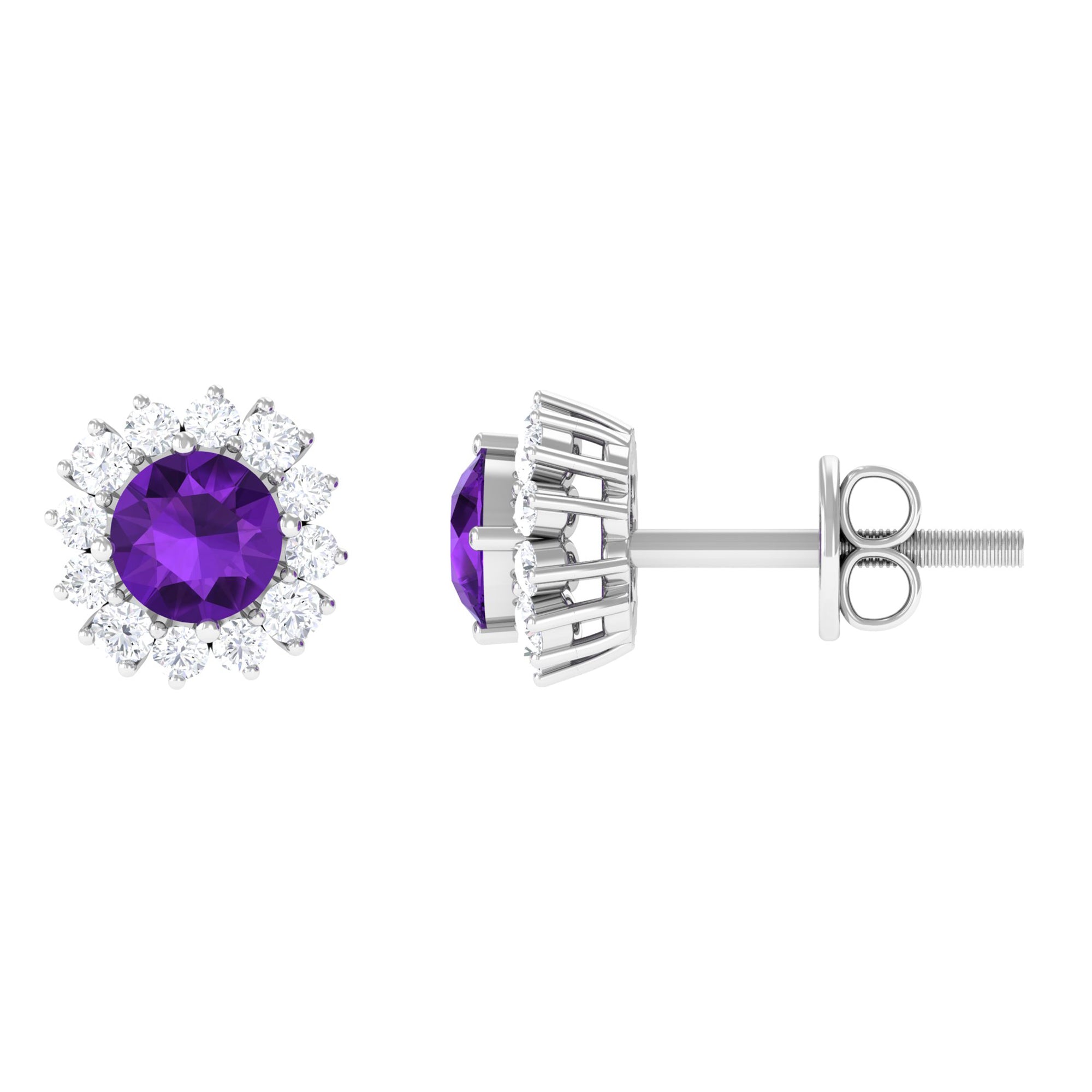 Natural Amethyst Classic Halo Stud Earring with Diamond