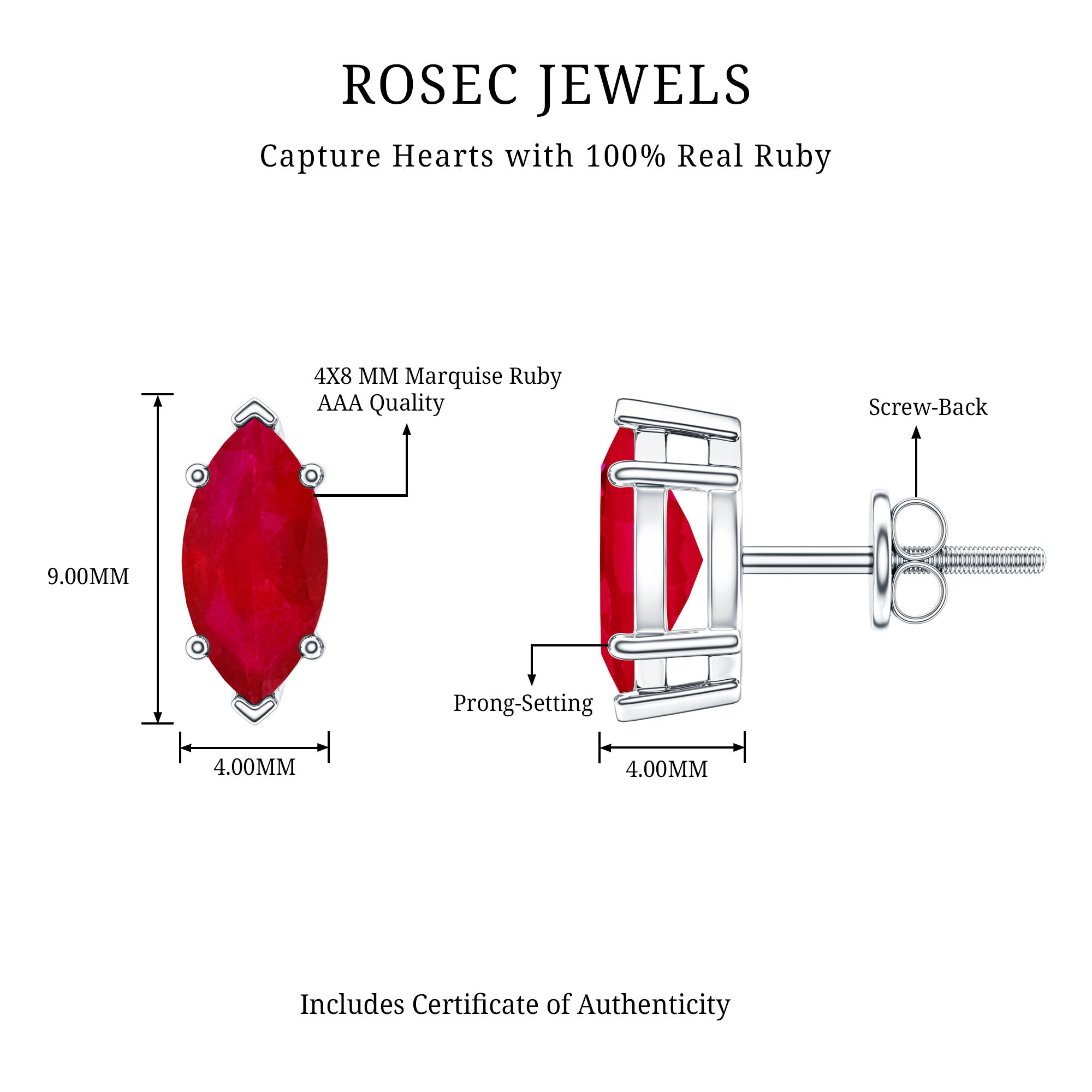 Natural 1.5 Carat Marquise Ruby Stud Earrings with Screw Back AAA - Rosec Jewels