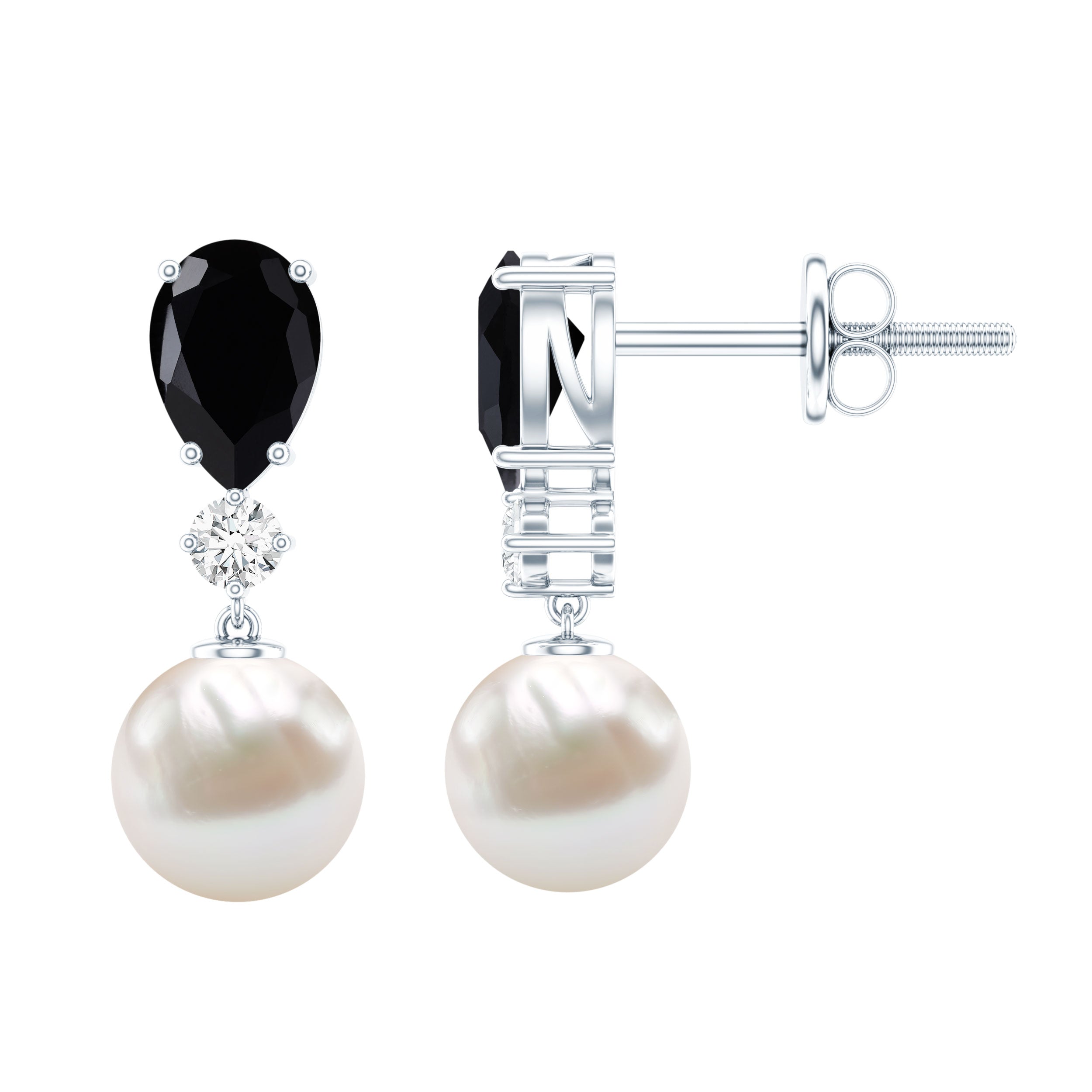 5.75 CT Freshwater Pearl Drop Earrings with Black Onyx and Moissanite AAA - Rosec Jewels