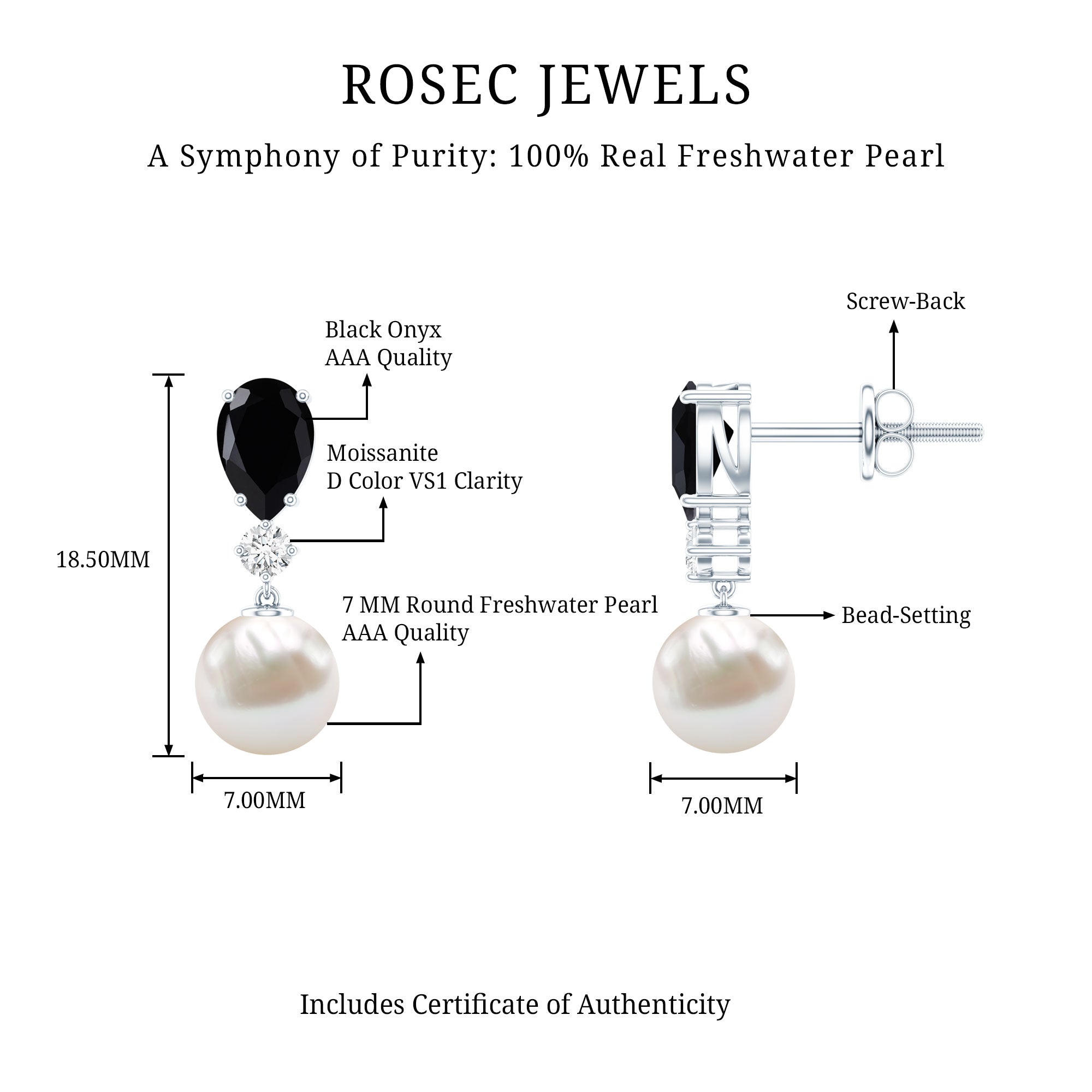 5.75 CT Freshwater Pearl Drop Earrings with Black Onyx and Moissanite AAA - Rosec Jewels