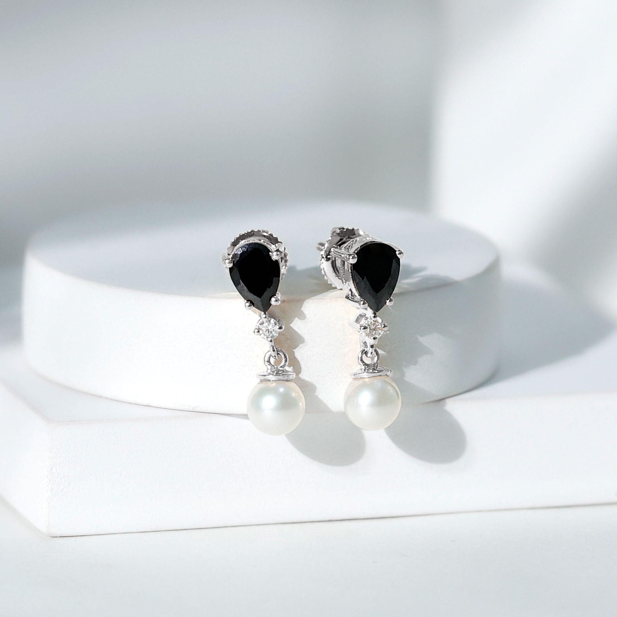 5.75 CT Freshwater Pearl Drop Earrings with Black Onyx and Moissanite AAA - Rosec Jewels