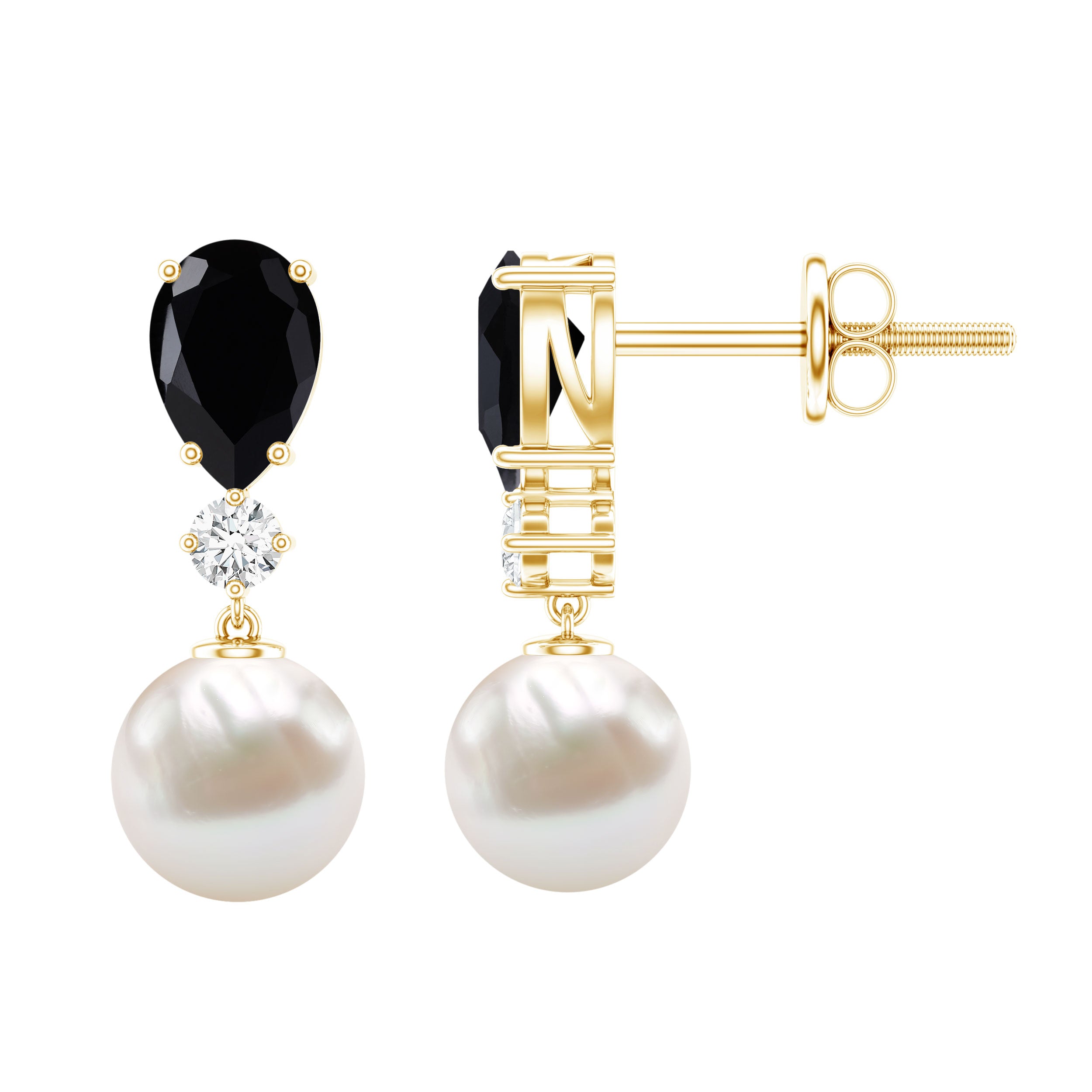 5.75 CT Freshwater Pearl Drop Earrings with Black Onyx and Moissanite AAA - Rosec Jewels
