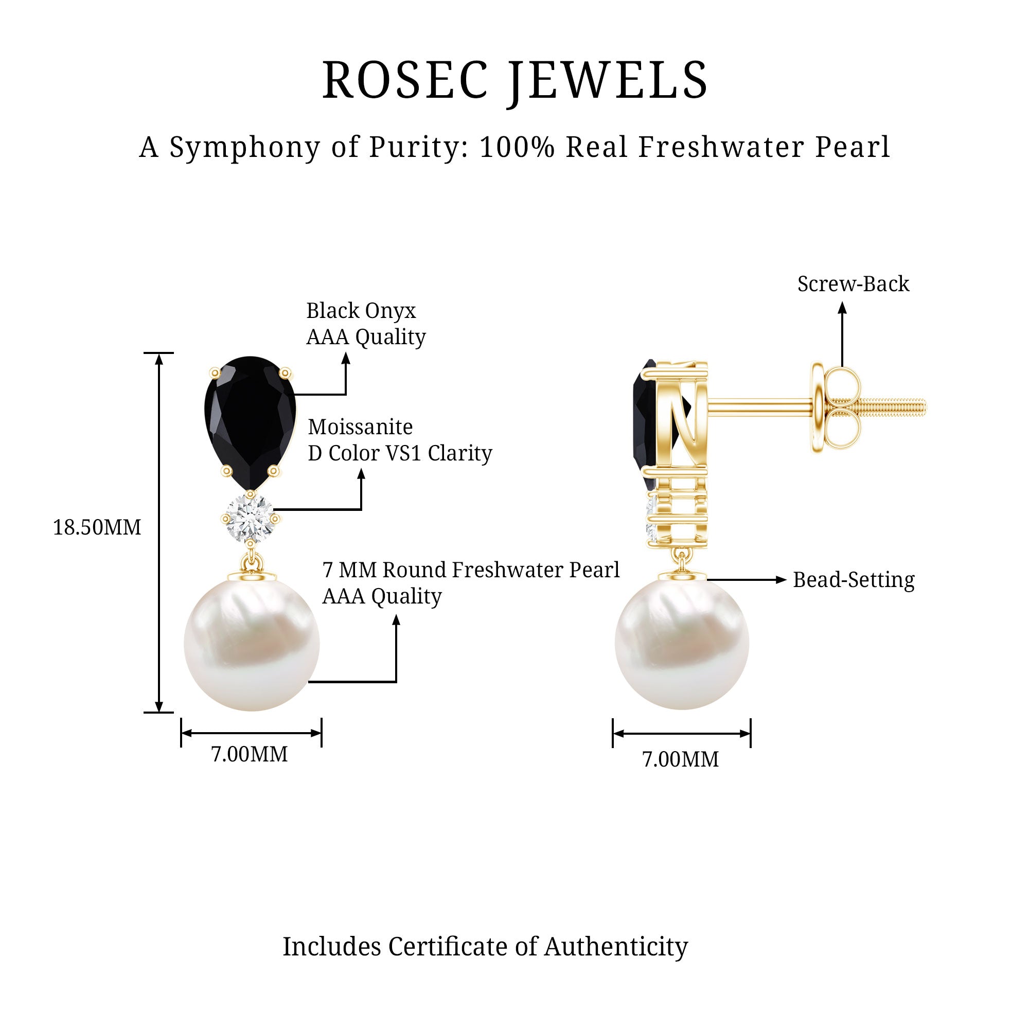 5.75 CT Freshwater Pearl Drop Earrings with Black Onyx and Moissanite AAA - Rosec Jewels
