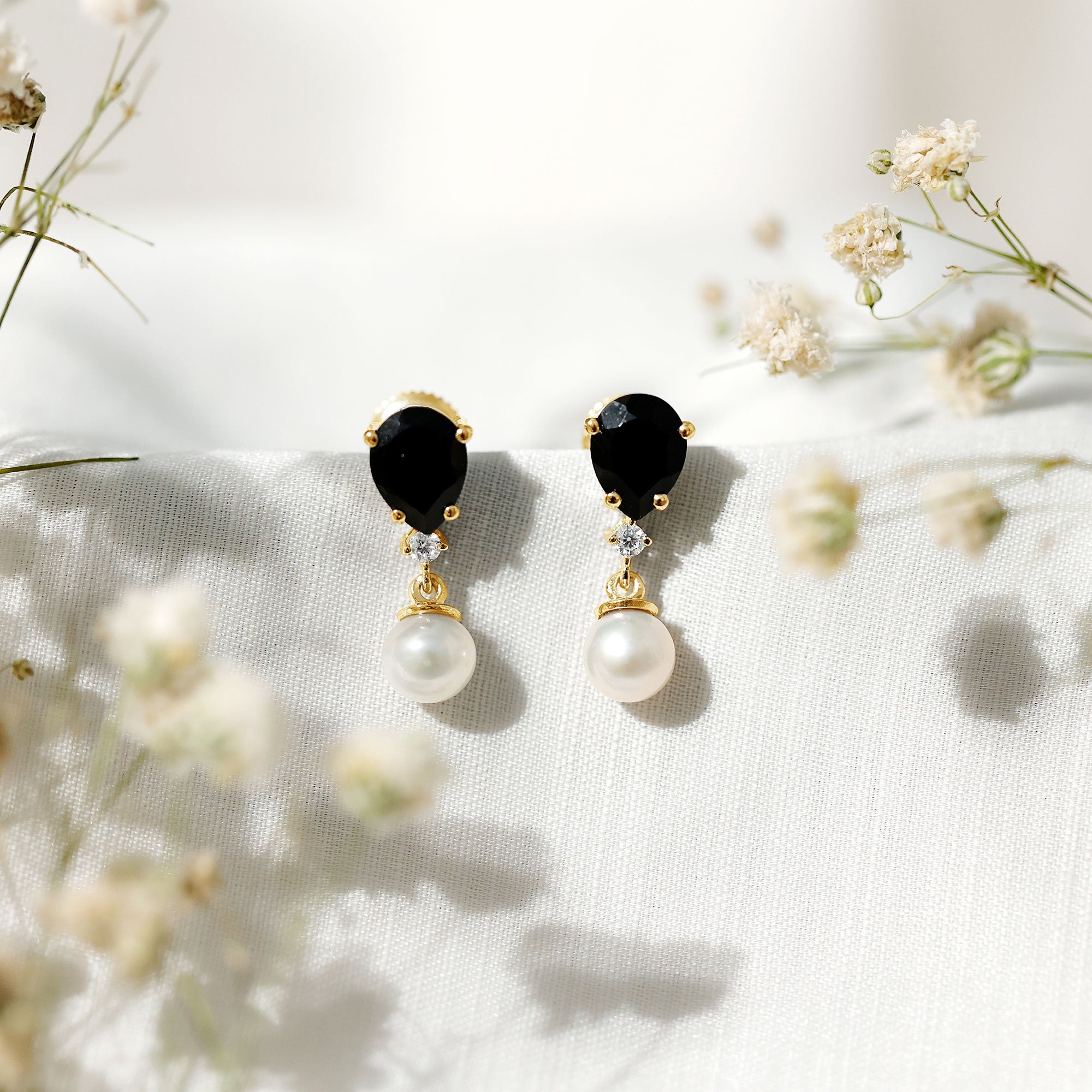 5.75 CT Freshwater Pearl Drop Earrings with Black Onyx and Moissanite AAA - Rosec Jewels