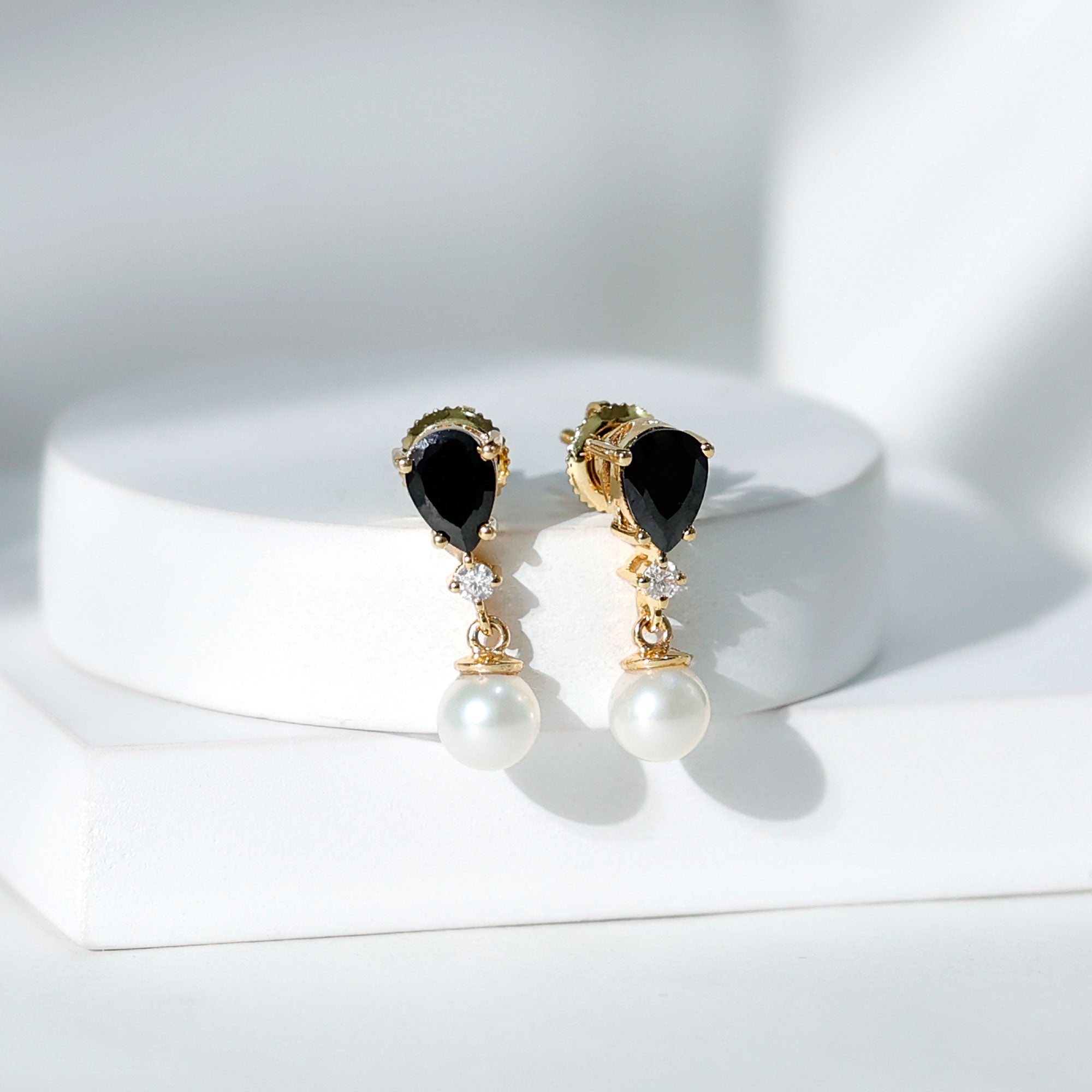 5.75 CT Freshwater Pearl Drop Earrings with Black Onyx and Moissanite AAA - Rosec Jewels