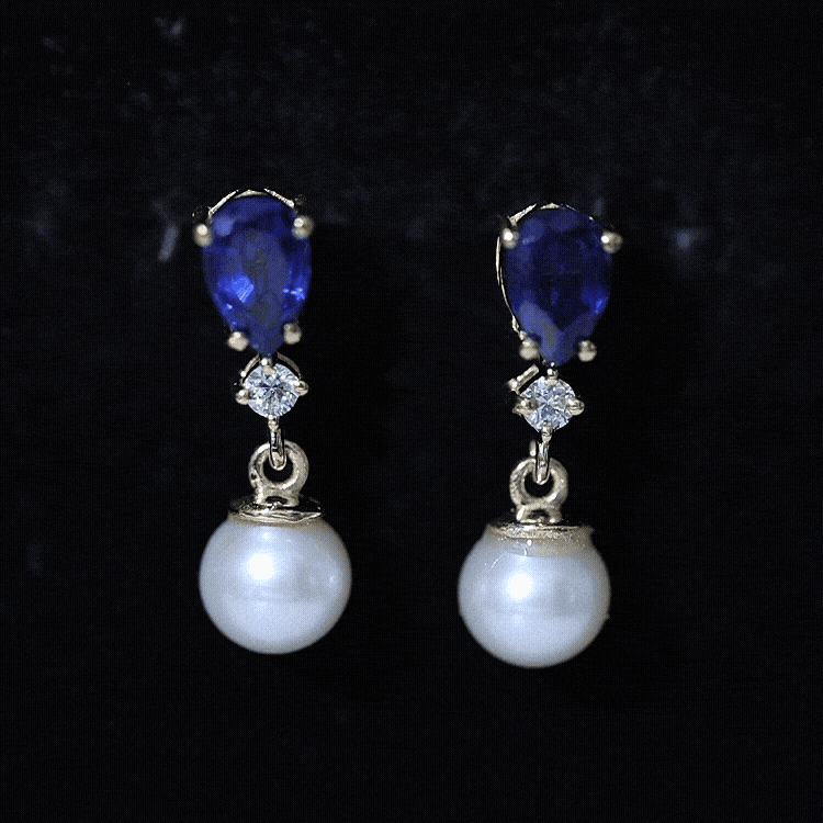 Natural 4 Carat Freshwater Pearl Drop Dangle Earrings with Lab Blue Sapphire AAA - Rosec Jewels