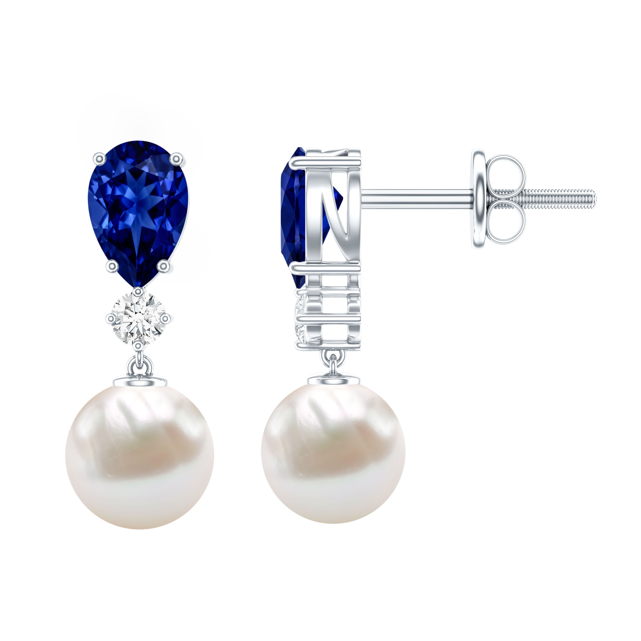 Natural Freshwater Pearl Drop Dangle Earrings with Blue Sapphire AAA - Rosec Jewels