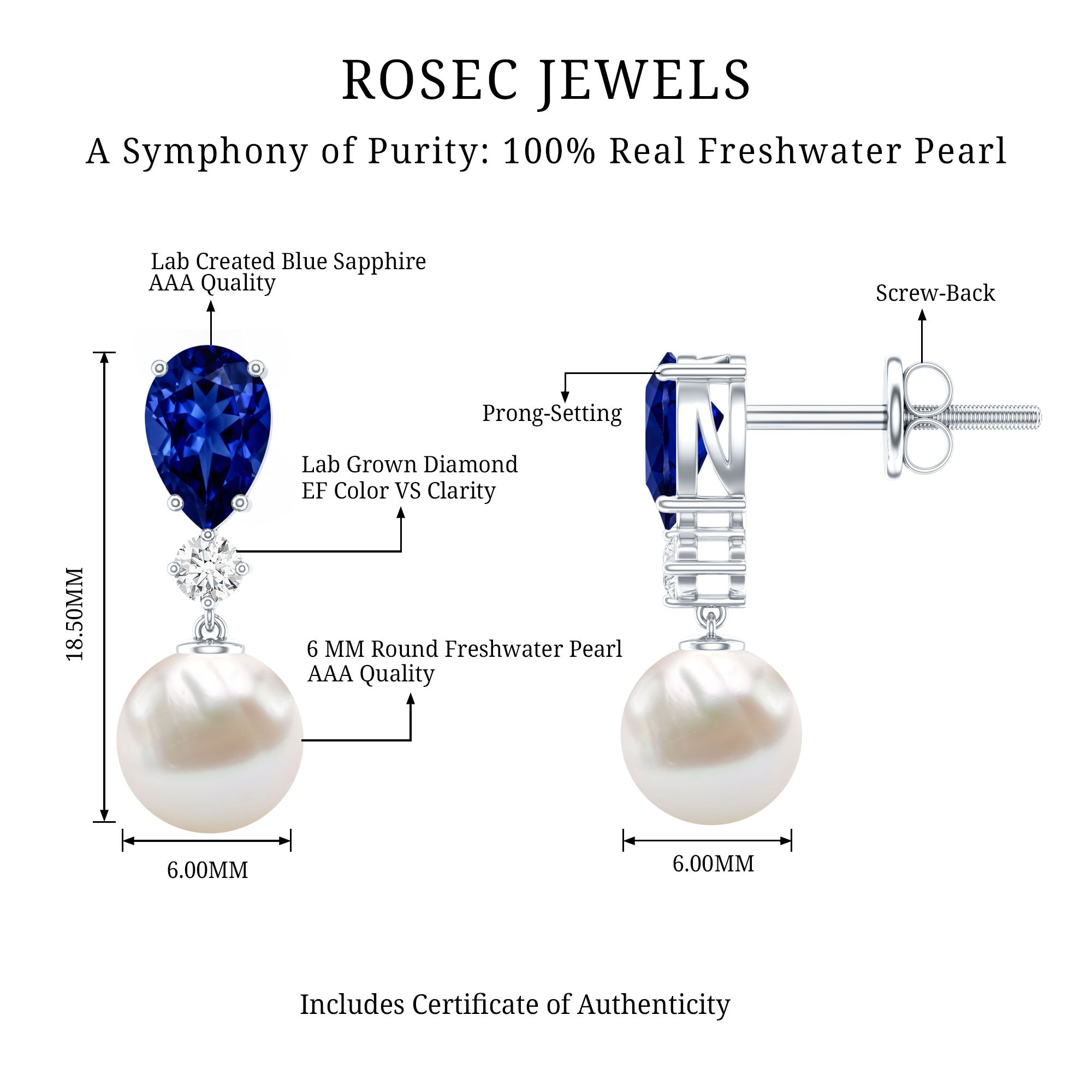 Natural Freshwater Pearl Drop Dangle Earrings with Blue Sapphire AAA - Rosec Jewels