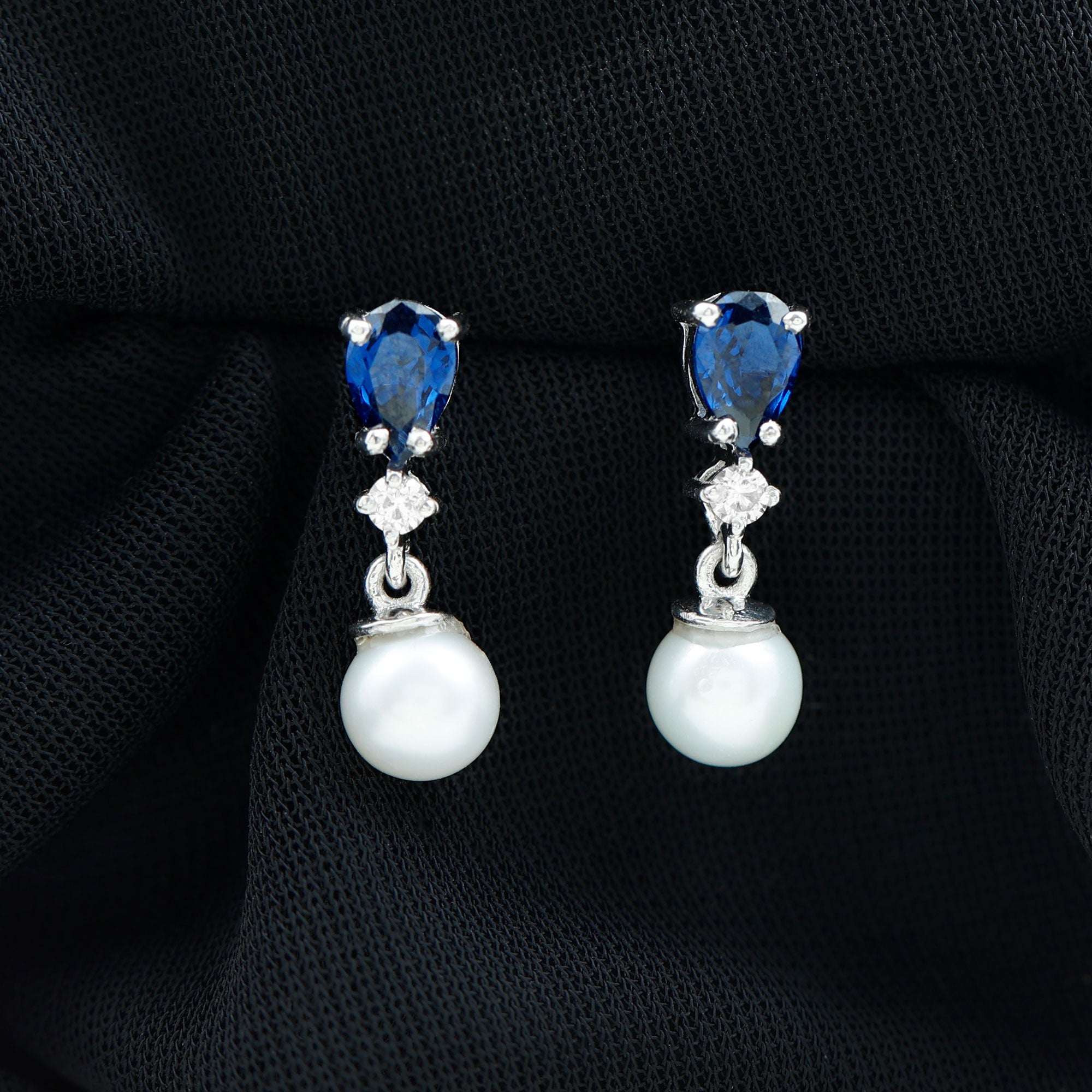 Natural 4 Carat Freshwater Pearl Drop Dangle Earrings with Lab Blue Sapphire AAA - Rosec Jewels