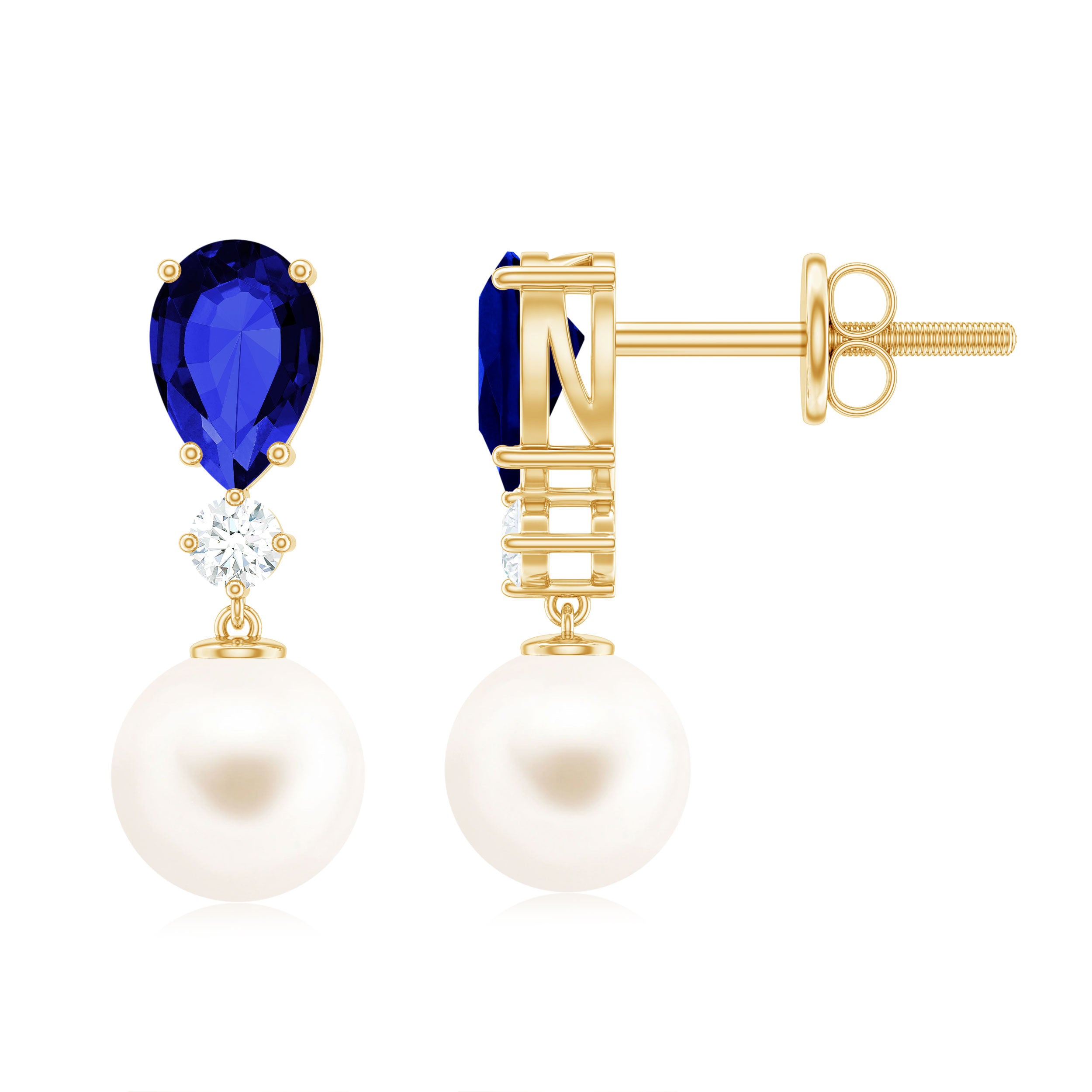 Natural Freshwater Pearl Drop Dangle Earrings with Blue Sapphire AAA - Rosec Jewels
