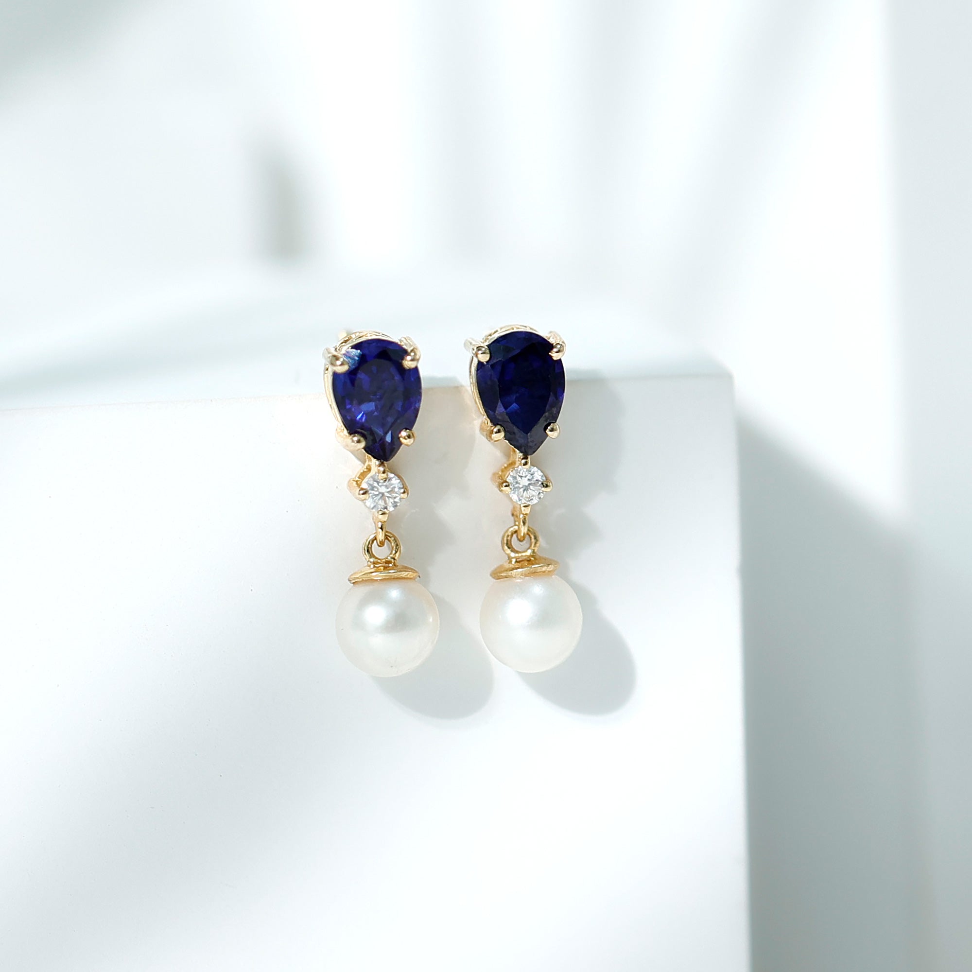 Natural Freshwater Pearl Drop Dangle Earrings with Blue Sapphire AAA - Rosec Jewels