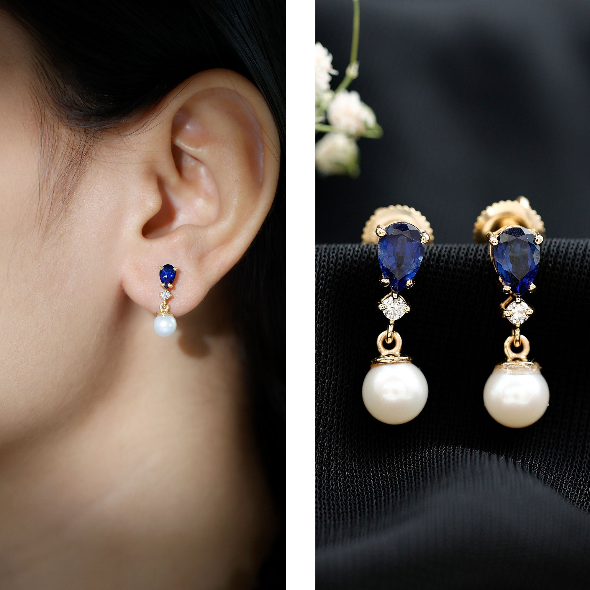 Natural 4 Carat Freshwater Pearl Drop Dangle Earrings with Lab Blue Sapphire AAA - Rosec Jewels