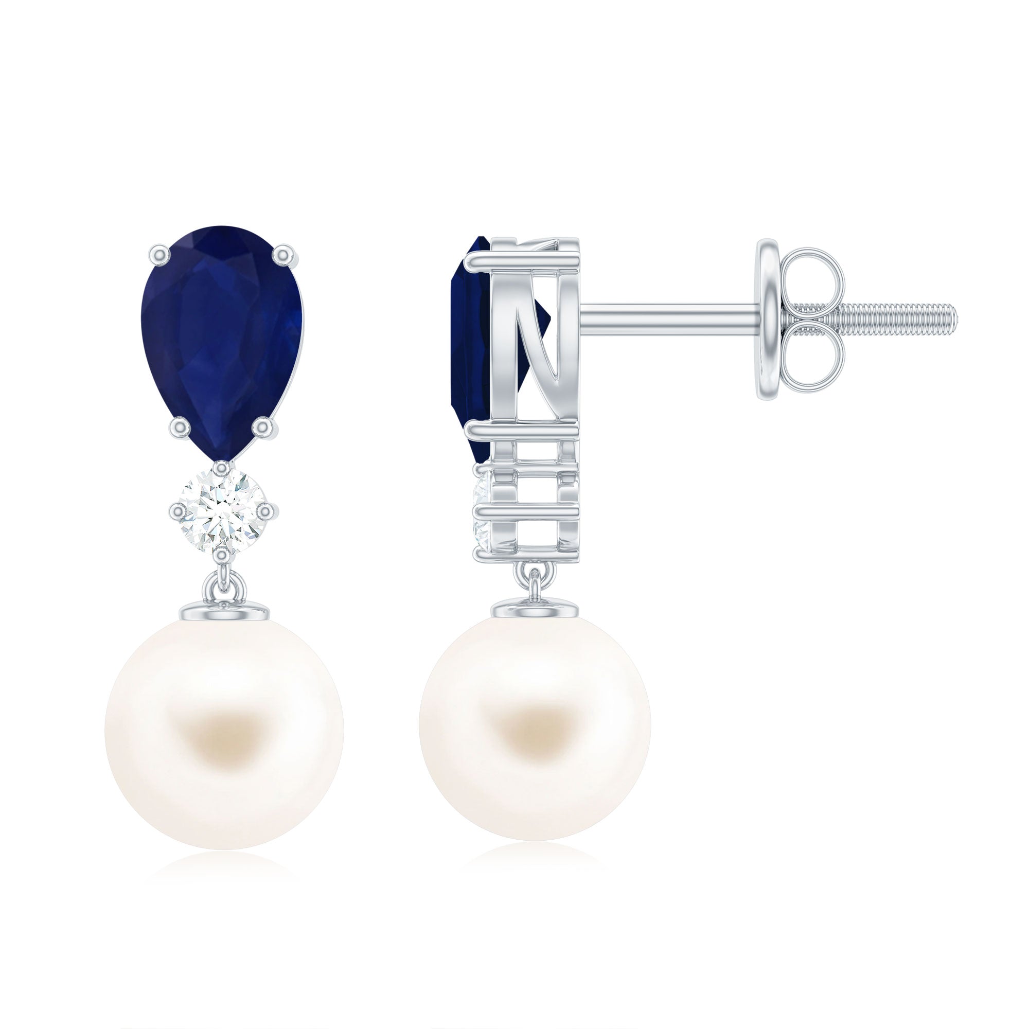 Cultured Freshwater Pearl Drop Earrings with Blue Sapphire AAA - Rosec Jewels