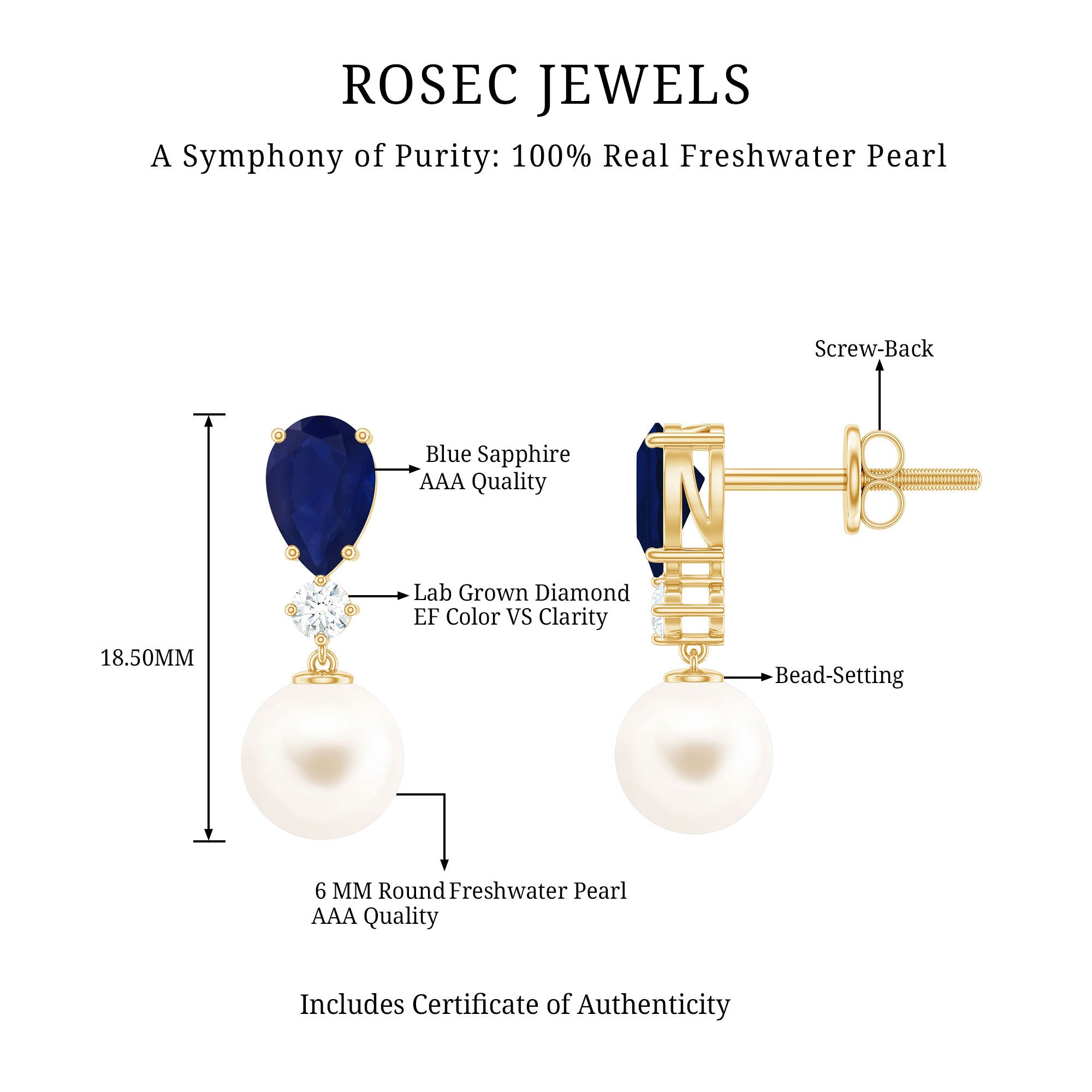 Cultured Freshwater Pearl Drop Earrings with Blue Sapphire AAA - Rosec Jewels