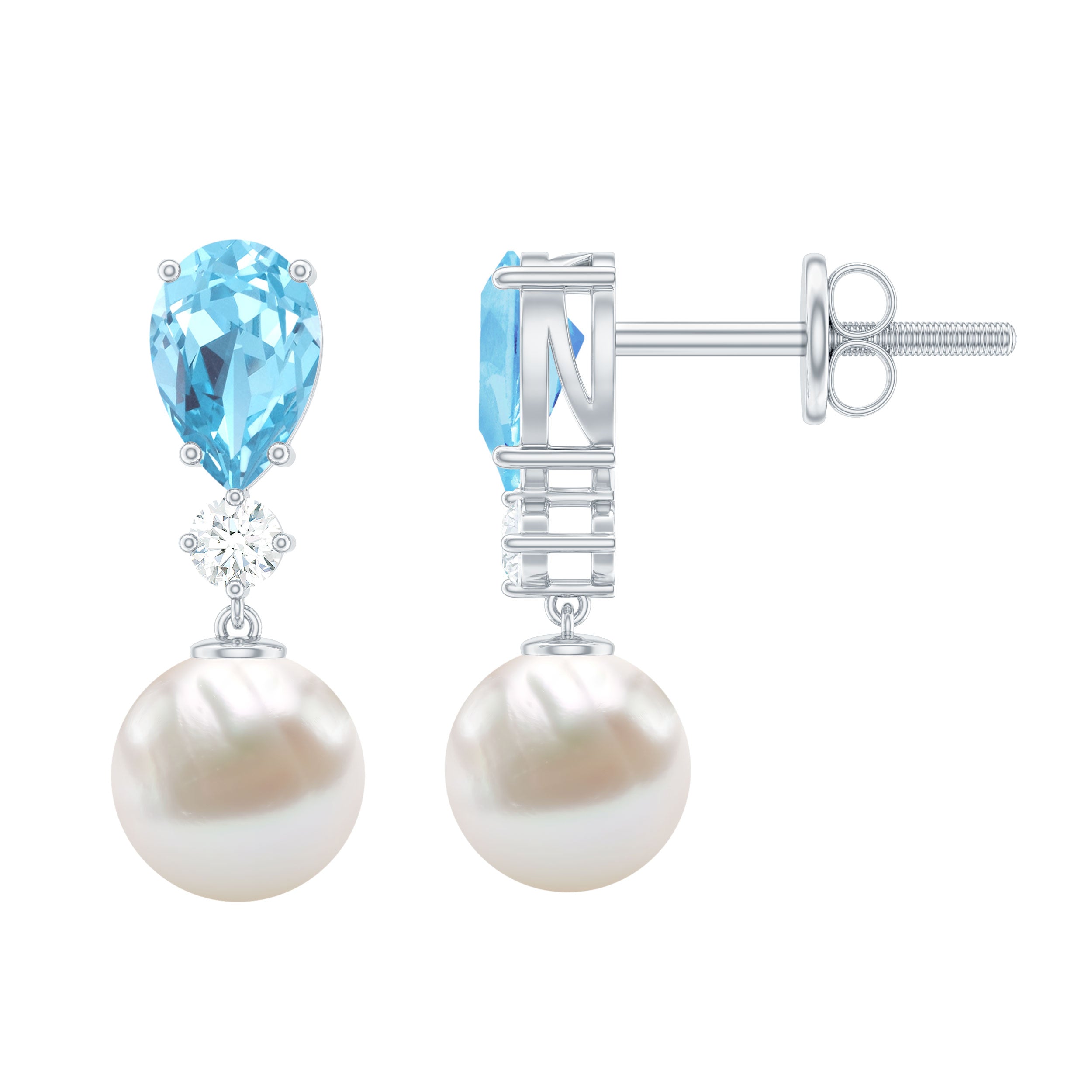 Handpicked Pearl Drop Earrings with Aquamarine and Moissanite