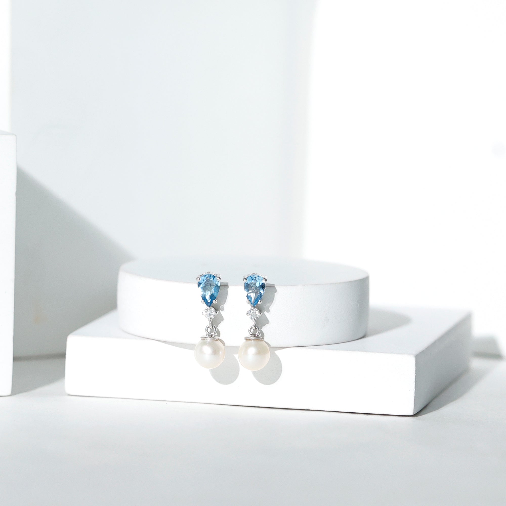 Certified Pearl Wedding Drop Earrings with Aquamarine AAA 92.5 Sterling Silver - Rosec Jewels